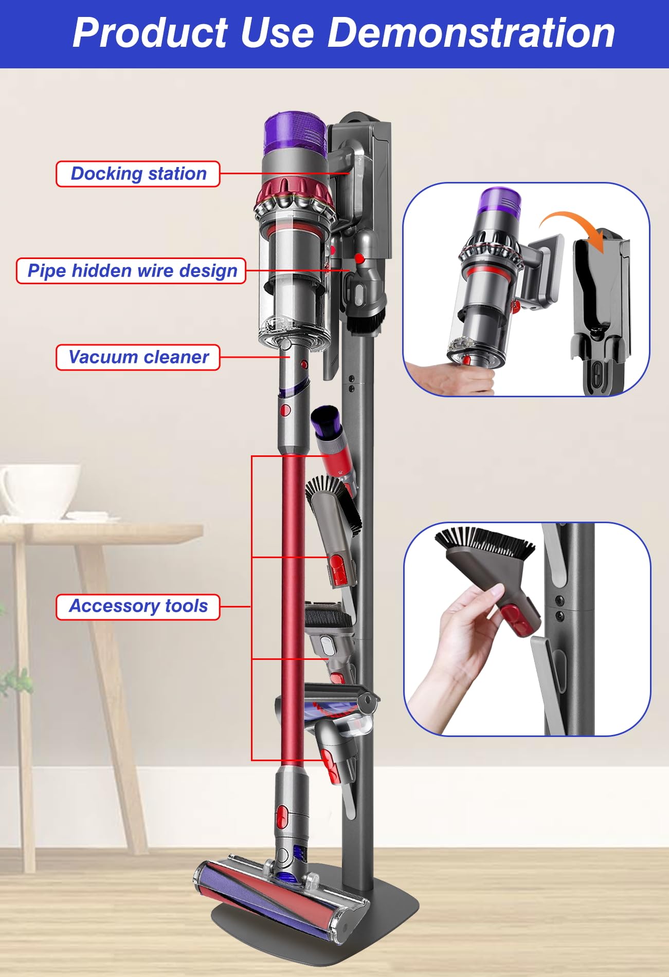 Haturi Vacuum Stand for Dyson Gen5 V16 V15 V12 Detect V11 V10 V8 V7 V6, Vacuum Holder and Metal Storage Bracket Standing dock with Hidden Cord Design for Dyson Handheld Cordless Vacuum Cleaners