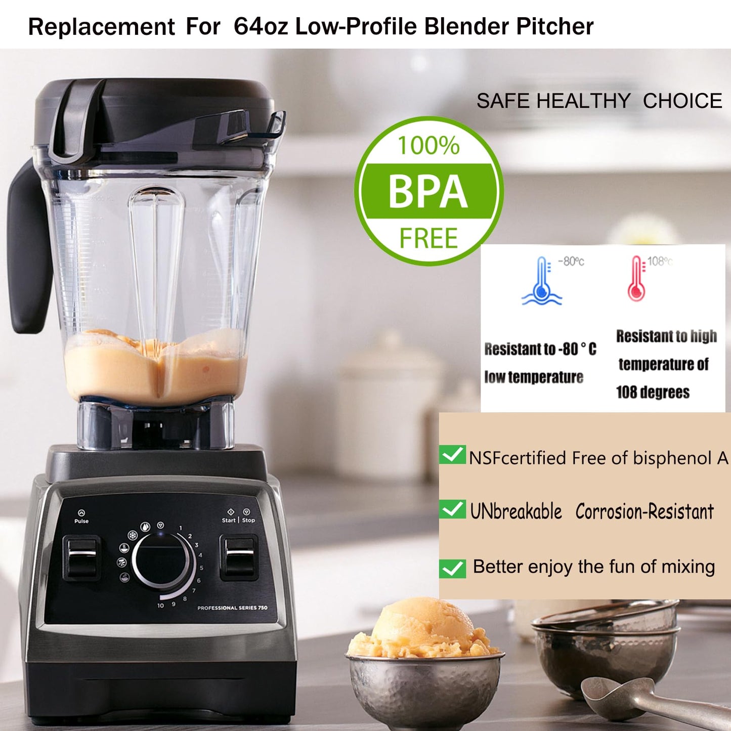 Blender Pitcher 64oz Low-Profile,Compatible with Vitamix 780 75-0 7500 5000 5200 Vm0102 Vm0103Vm0197 E310 Professional/Commercial/Classic Series etc Blender,Blender Container Jar Cup,10 Years Warranty
