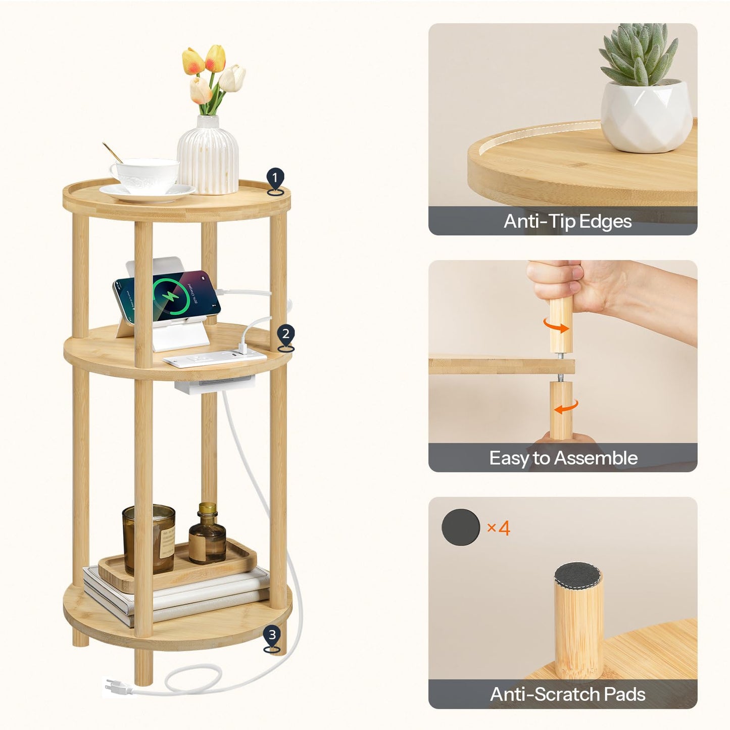 HOOBRO Small Round Side Table with Charging Station, 3-Tier Round Bamboo End Table, Compact Sofa Bedside Table for Small Space, Easy Assembly, for Living Room, Bedroom, Apartment, Natural YL152UBZ01