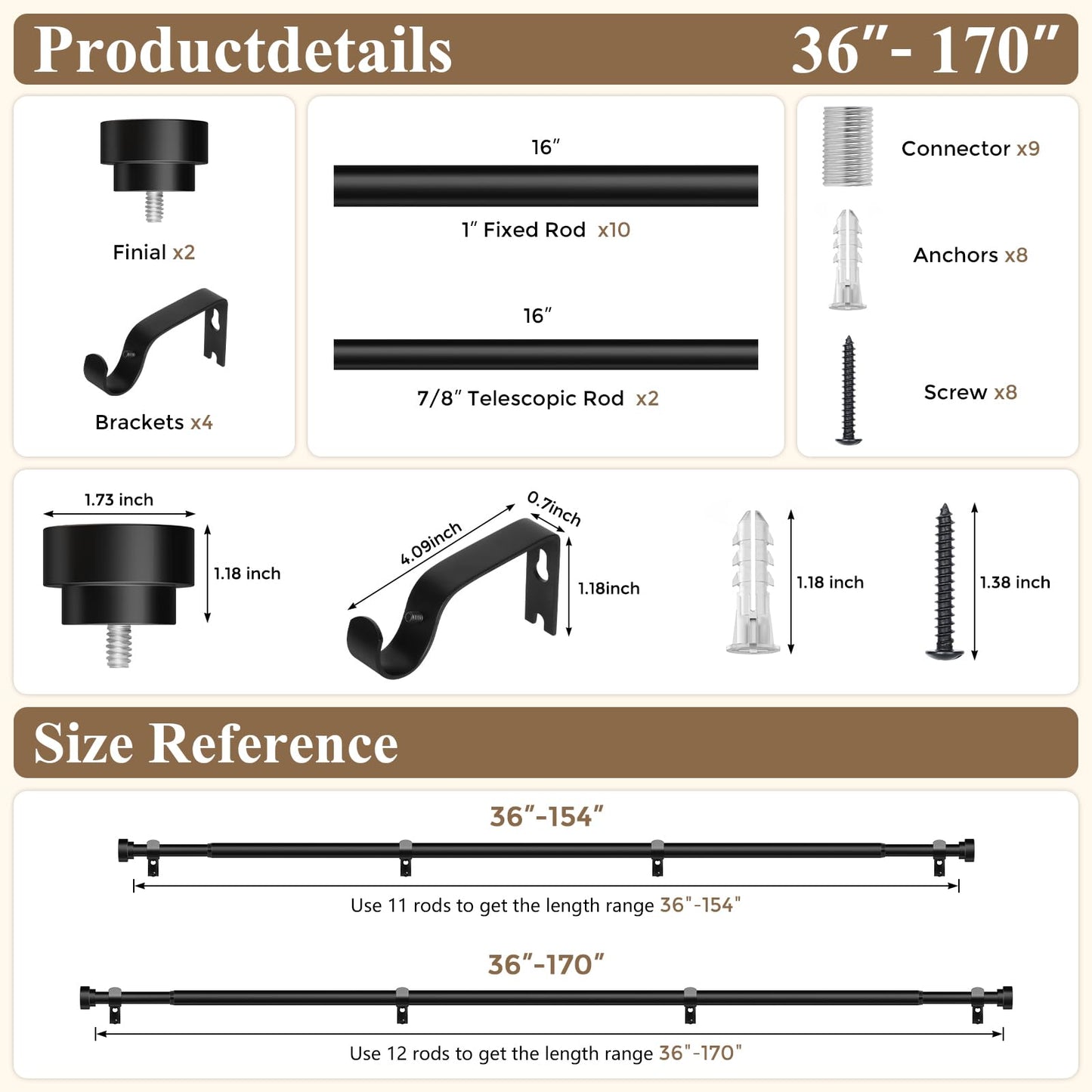 Extra Long Curtain Rods 120 to 170 Inch(10-14ft),1Inch Black Adjustable Extra Long Curtain Rod,Heavy Duty Decorative Window Curtains Rods for Bedroom