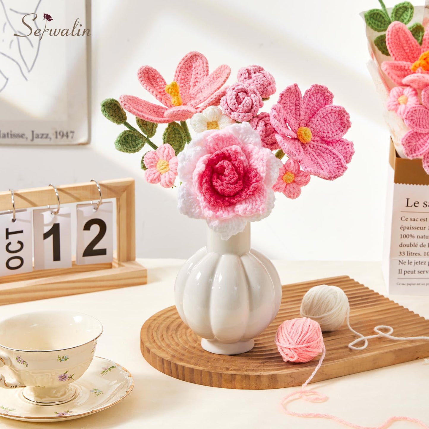 Serwalin Crochet Flower Bouquet, Pink Handmade Knitted Flowers, Crochet Tulips Galsang Flowers for Mother's Day Graduation Teacher Anniversary Birthday for Her, Girlfriend, Wife(Include Card)