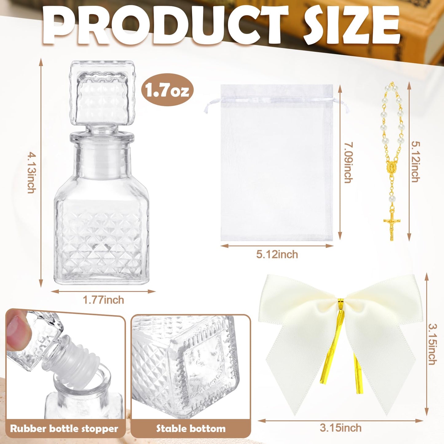 Chuangdi 24 Sets Holy Water Bottles Baptism Favors for Guest Holy Water Container with Cross Rosary Organza Bag Bow 50ml Glass Empty Container for Communion Christian Wedding (Elegant,White)