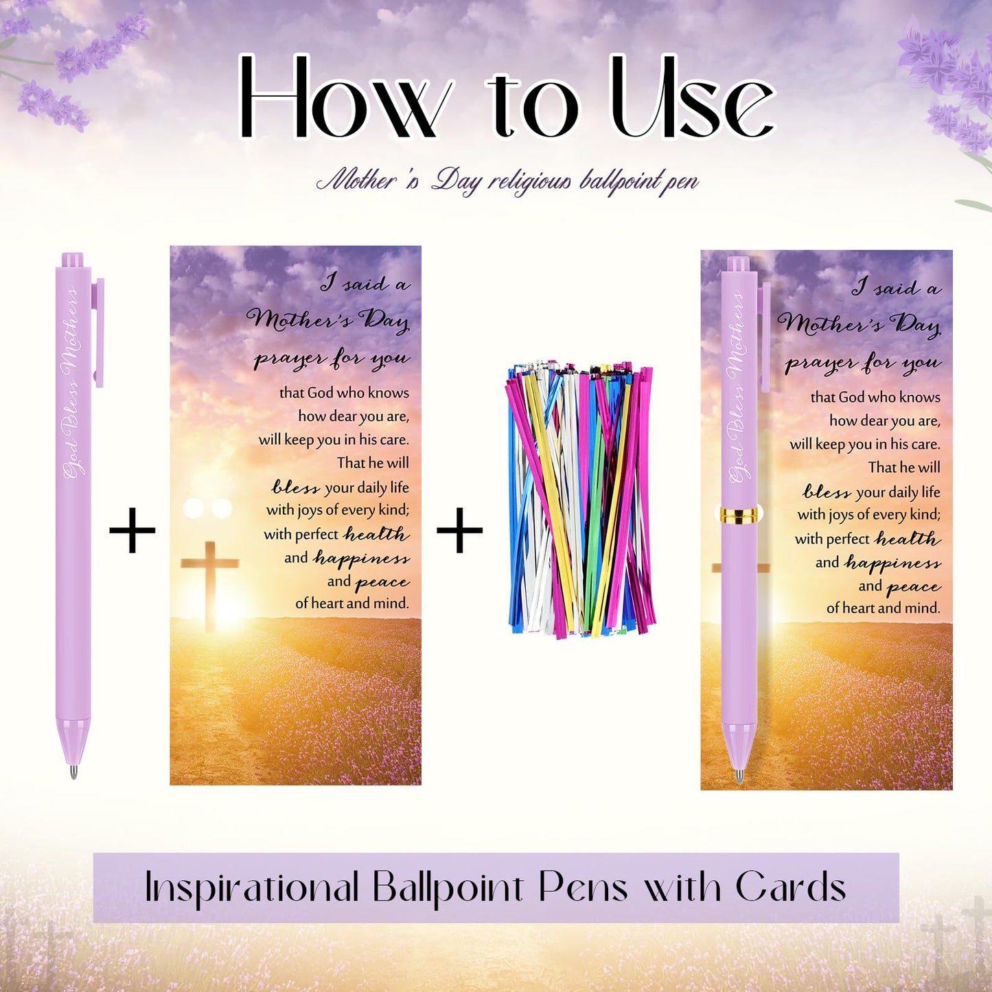 Eersida 100 Sets Mothers Day Gifts for Church Bulk God Bless Mothers Day Pens 8 Colors Christian Pens Bible Verse Ballpoint Religious Gift Cards Christian Cards with Ties for Church Birthday