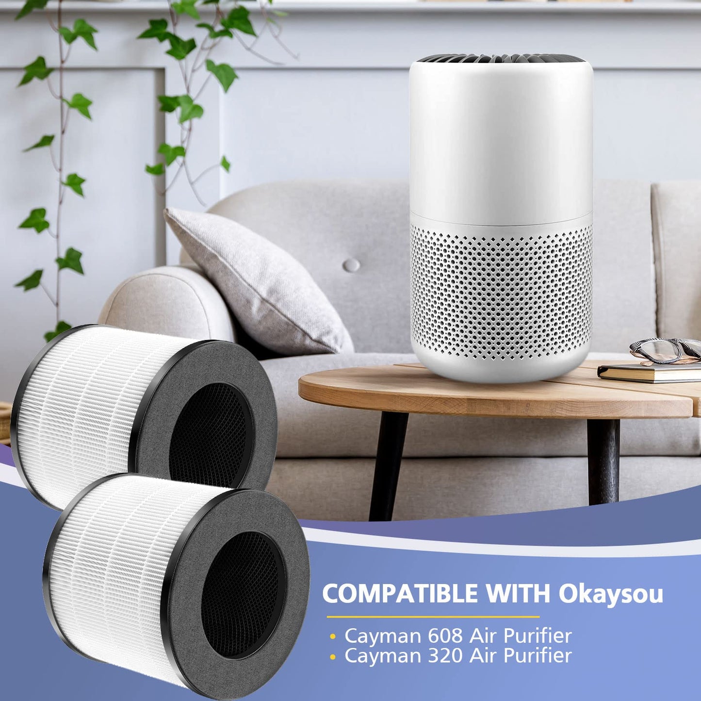 Cayman 608/320 Filter Compatible with Okaysou Cayman 608/320 Air Purifie-r, 3-in-1 Filtration, 2 Pack