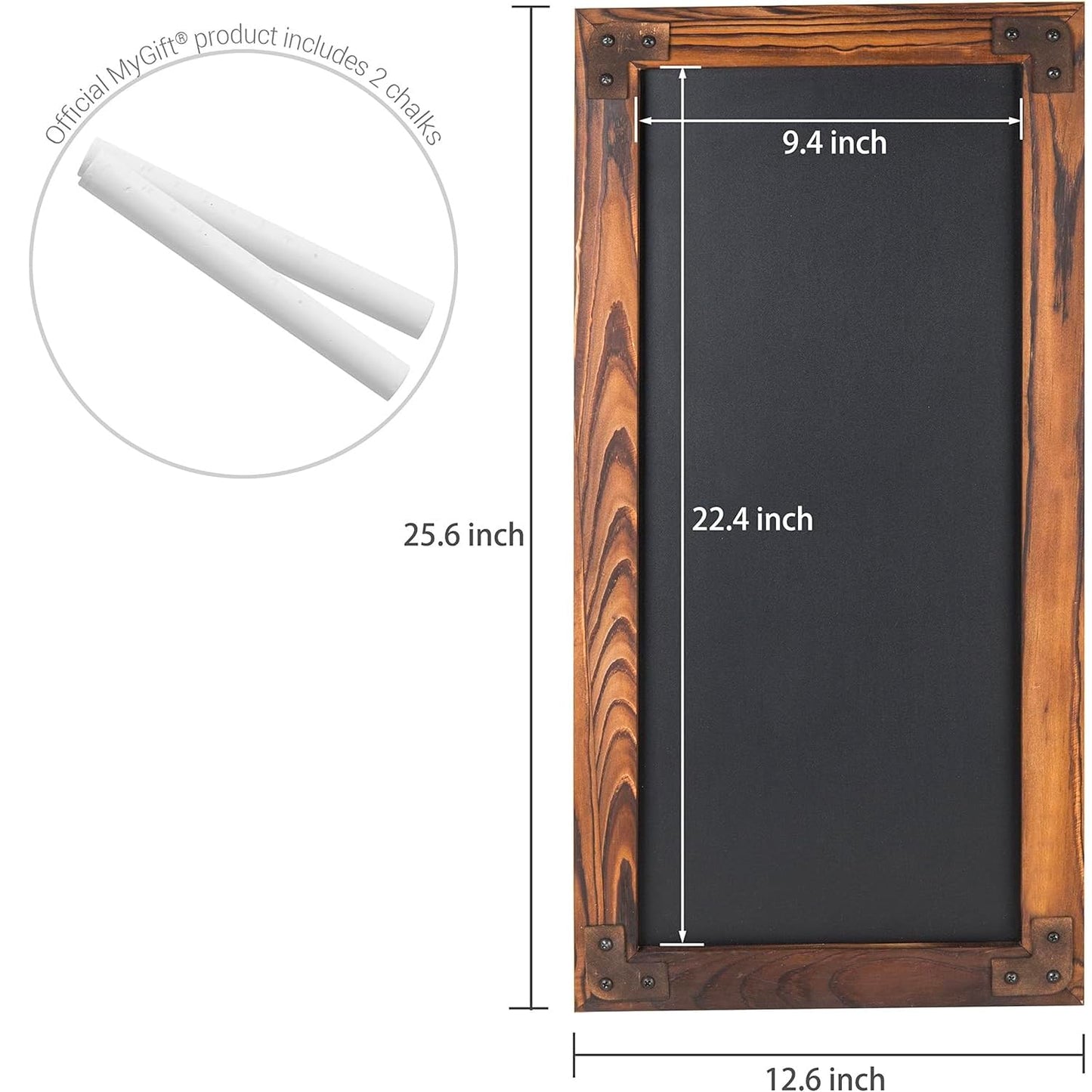 MyGift Large Chalkboard Sign Wall-Mounted - 12 x 25-Inch Burnt Wood Frame Erasable Blackboard with Metal Accent Corners