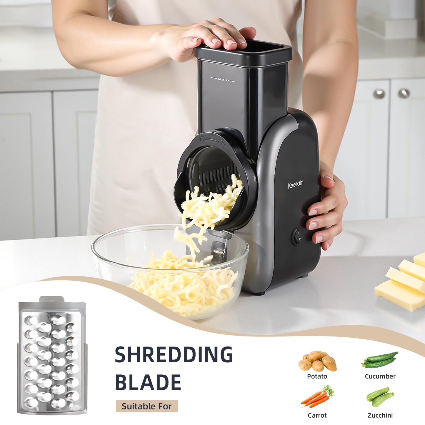 Electric Cheese Grater, Rotary Vegetable Slicer with 4 Interchangeable Drum Blades, Multifunctional Cheese Chopper Shredder for Kitchen Potato Veggie Salad Fruit etc