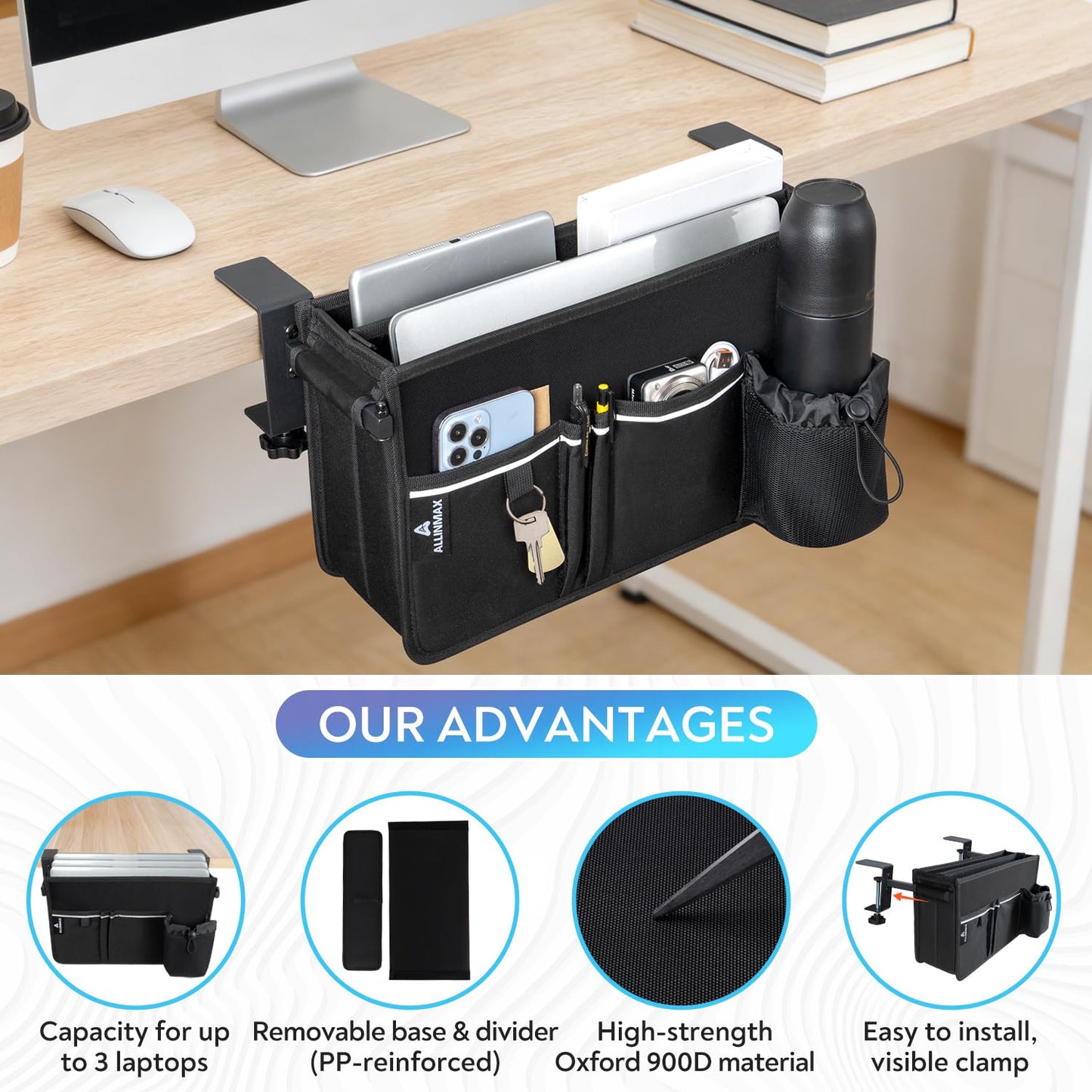ALLINMAX Side Desk Laptop Holder for Up to 3 Laptops, Side Desk Organizer with Adjustable Divider & Bottle Pocket, Soft-Lined Interior, Clamp Mount Side Desk Storage, Fits 0.6″-3.2″ Flat Edge