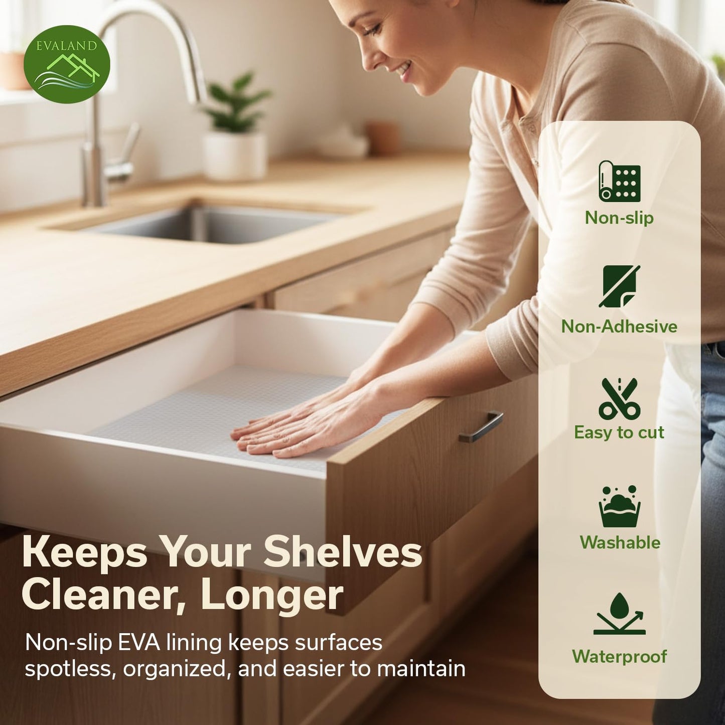 EVALAND Shelf Liners for Kitchen Cabinets Non-Adhesive 19.6" x 33 FT Clear Drawer Liner Non Slip, Washable Cabinet Liner, Waterproof Shelf Liners for Cabinets, Refrigerator Bathroom Pantry - Thickened