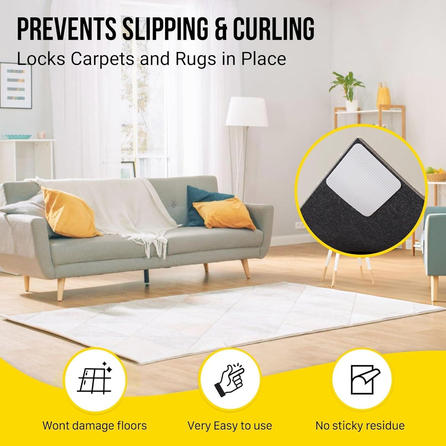 Alien Grip Rug Gripper Carpet Tape - 24pcs, 4x4 in. Anti-Slip Hardwood, Tile Floor, No Damage - Double Sided Reusable, Non Slip Corner Rug Pads - As Seen on TV
