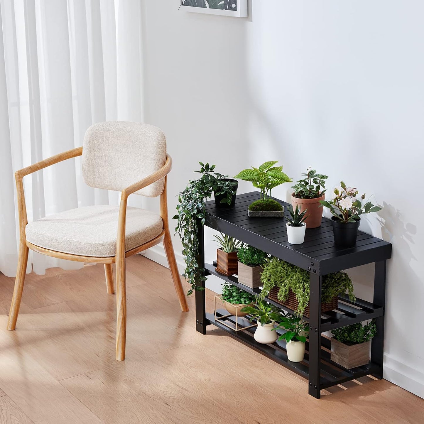 Pipishell Bamboo Shoe Rack Bench, 3 Tier Sturdy Shoe Organizer, Storage Shoe Shelf, Holds up to 300lbs for Entryway Bedroom Living Room Balcony, Black