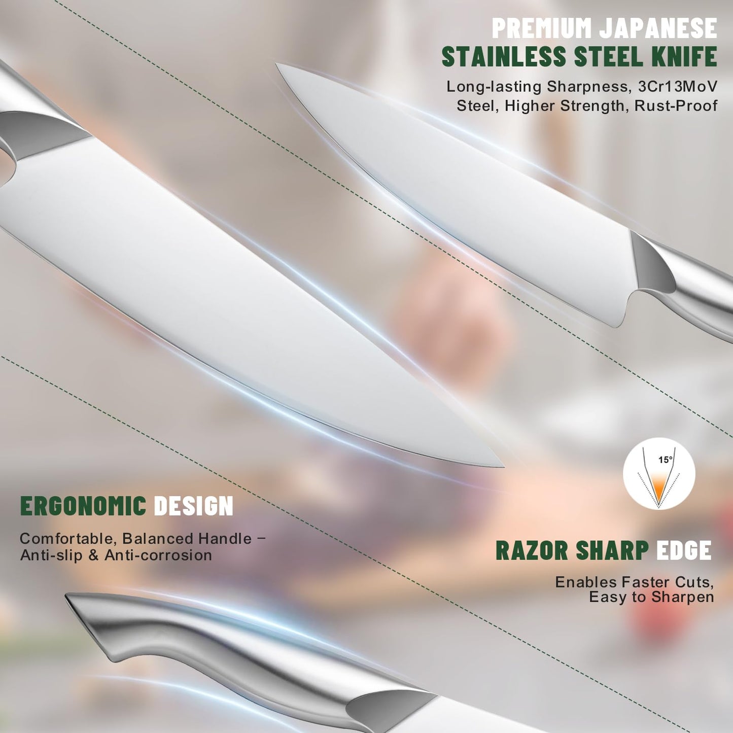 Knife Set, EWFEN 14-Piece Kitchen Knife Set with Block, German Stainless Steel Knives with Built-in Knife Sharpener, Anti-Slip Sharp Knives Set for Kitchen, Dishwasher Safe, Curved Handle