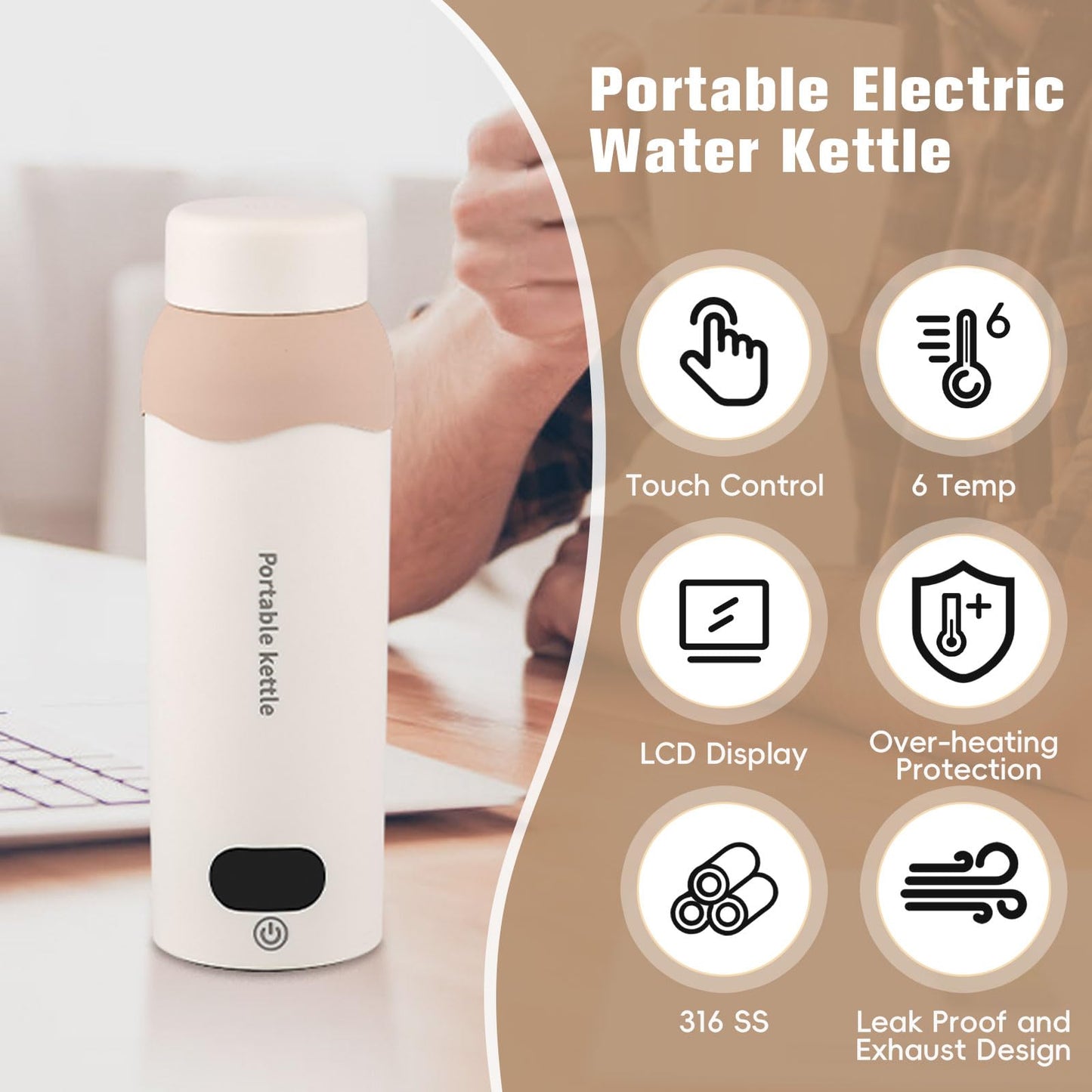 YOIDOO Travel Electric Tea Kettle 316 Stainless Steel, Small Portable Hot Water Kettle with 6 Temperature Control & Automatic Shut Off, 450mL Cute Tea Pot