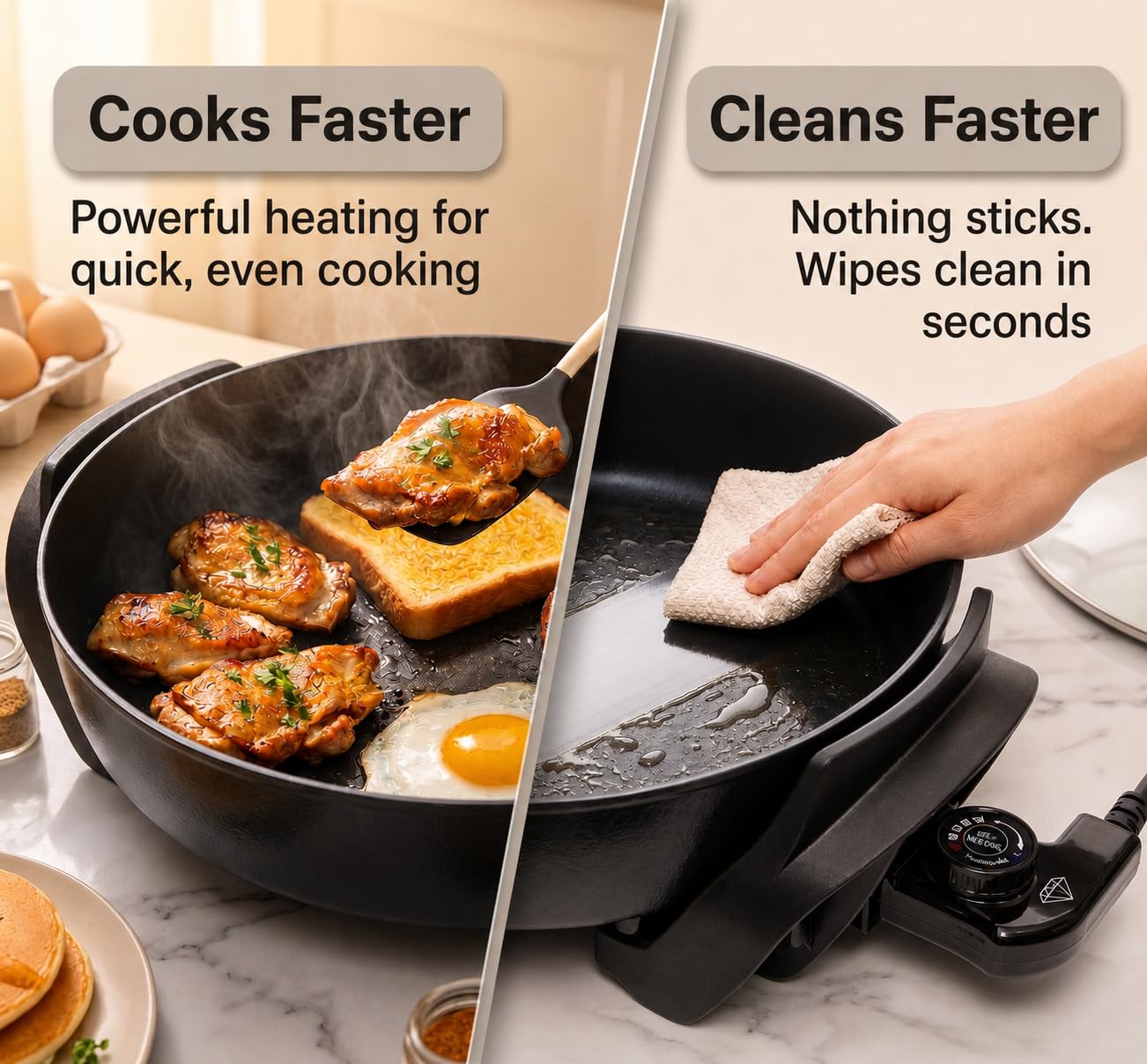 Moss & Stone Round Electric Skillet with Lid – 12x12 Inch Aluminum Nonstick Electric Frying Pan 5Qt, Adjustable Temperature Control, Vented Glass Lid, Dishwasher Safe, Heat-Resistant Handles