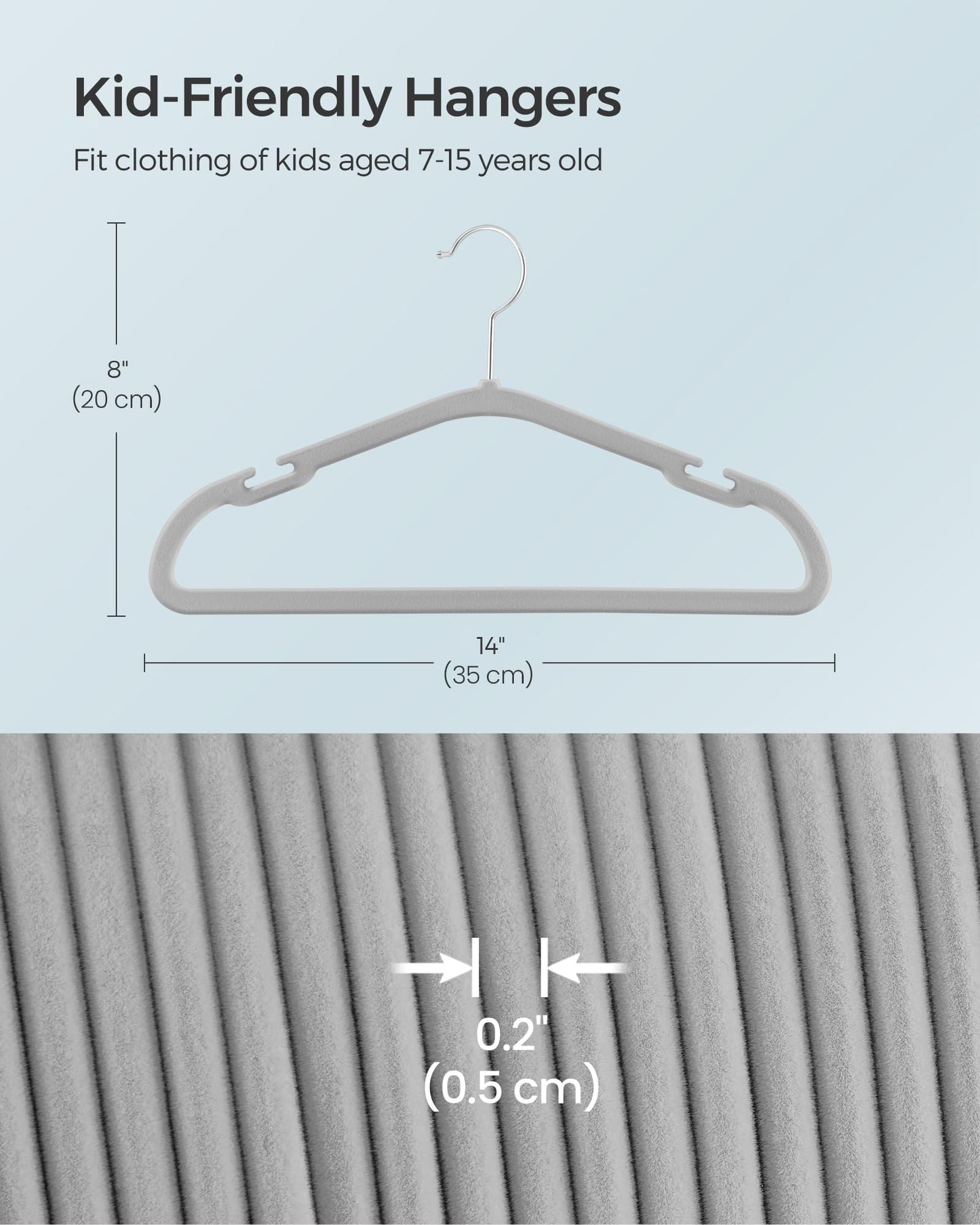 SONGMICS Kids Hangers 50 Pack, 14 x 8 Inches, Non-Slip Velvet Baby Hangers for Closet, Space-Saving, Wide Shoulder Notches, Dove Gray UCRF038G01