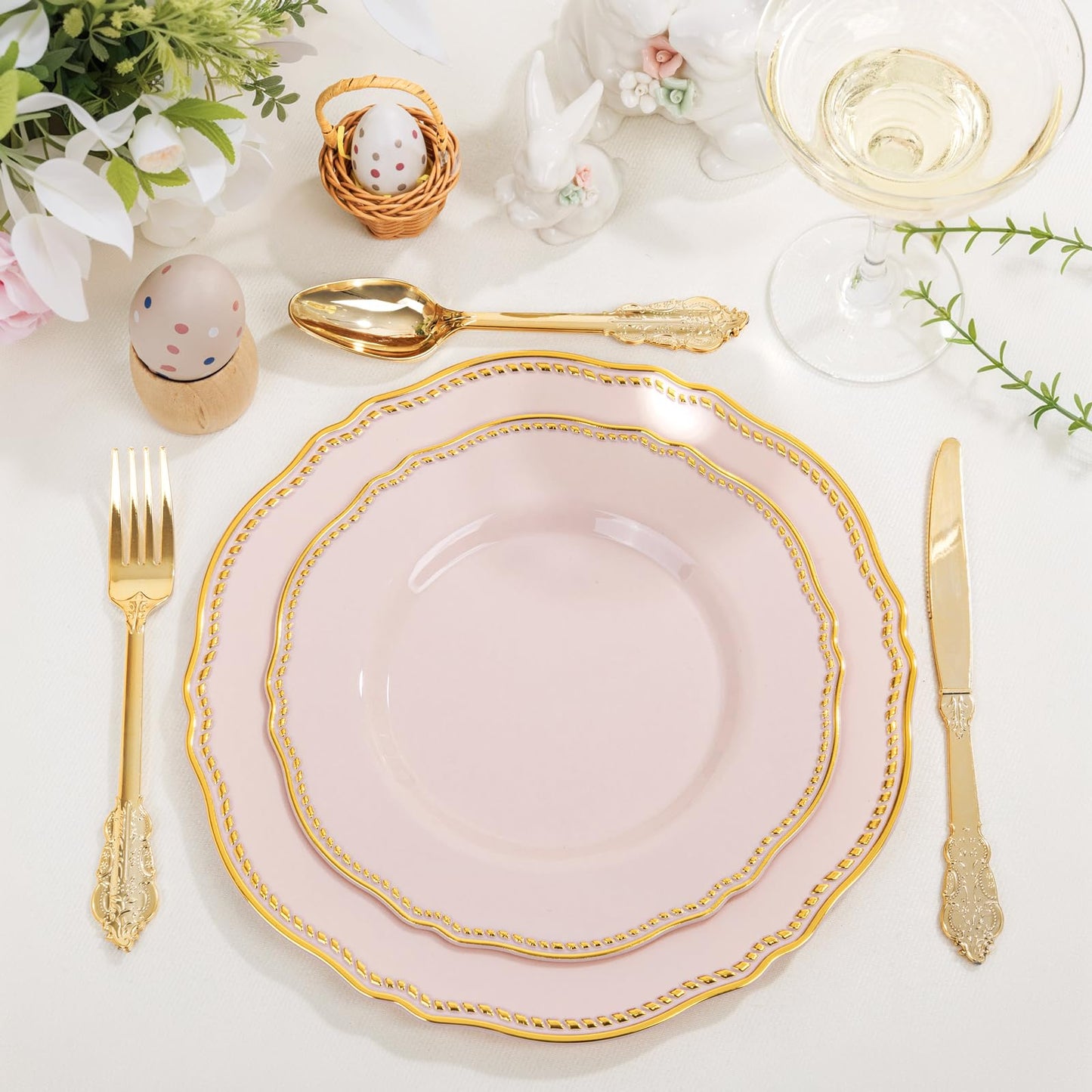 Hioasis 60pcs Pink Plastic Plates - Pink and Gold Disposable Dinnerware with Gold Rim, Heavy-duty, 10 inch, Dinner Plates for Party & Wedding