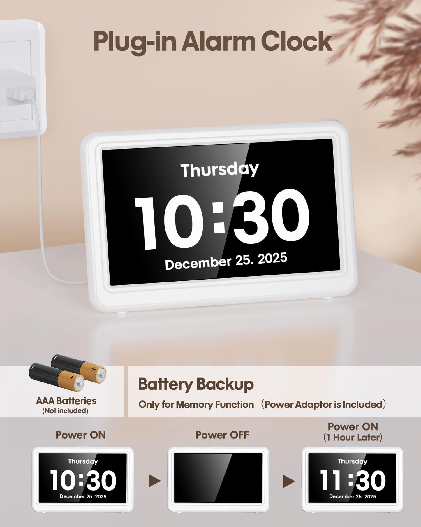 Digital Clock with Date and Week for Seniors, Alzheimer's Dementia Clock with 20 Alarms and 6 Medicine Reminders, Large Font Digital Calendar Alarm Clock for Vision Impaired, White (Ac Powered)