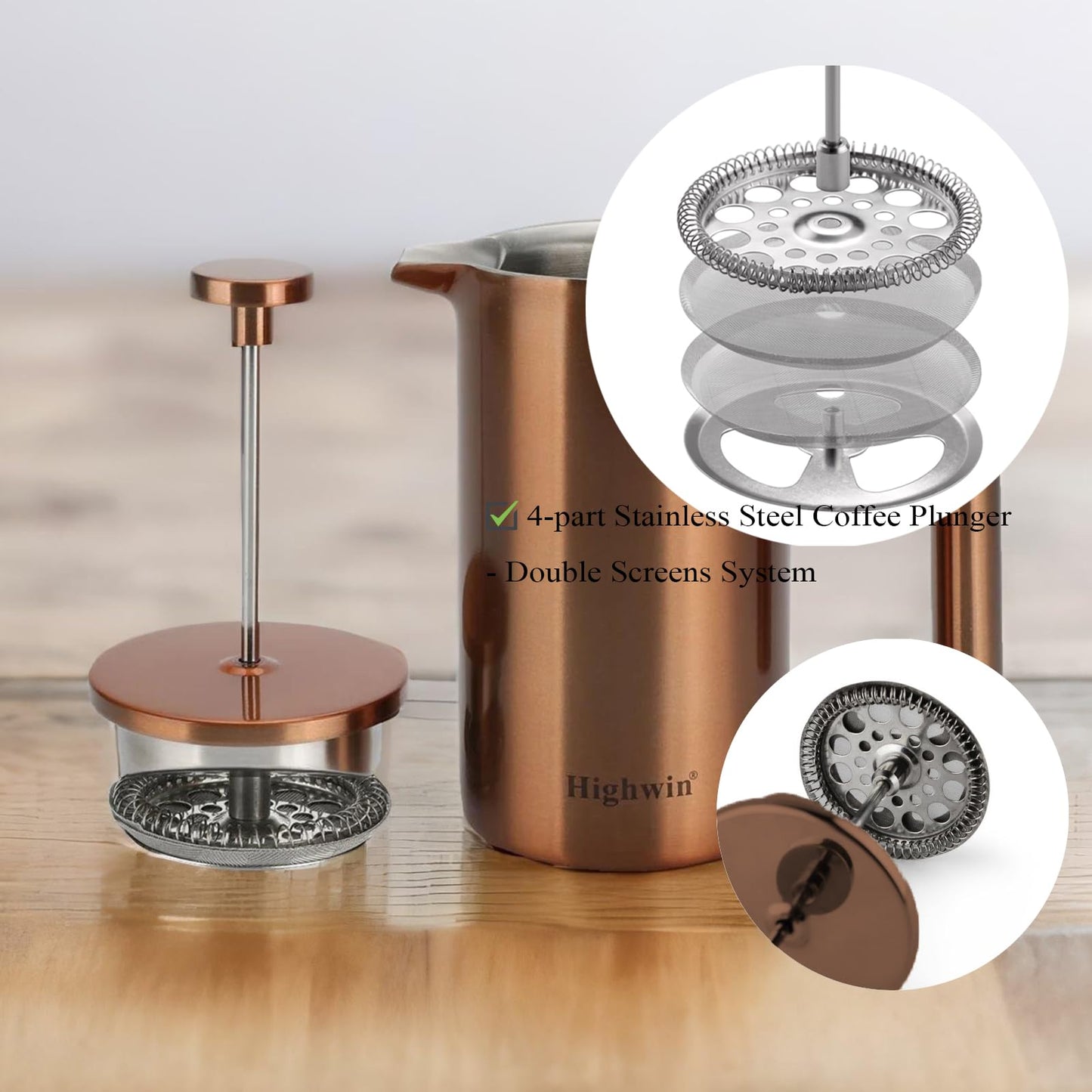 Highwin 8-Cup Double Wall Insulated Stainless Steel French Coffee Press, 32-Ounce Durable Coffee Tea Maker with Stainless Steel Plunger, Copper
