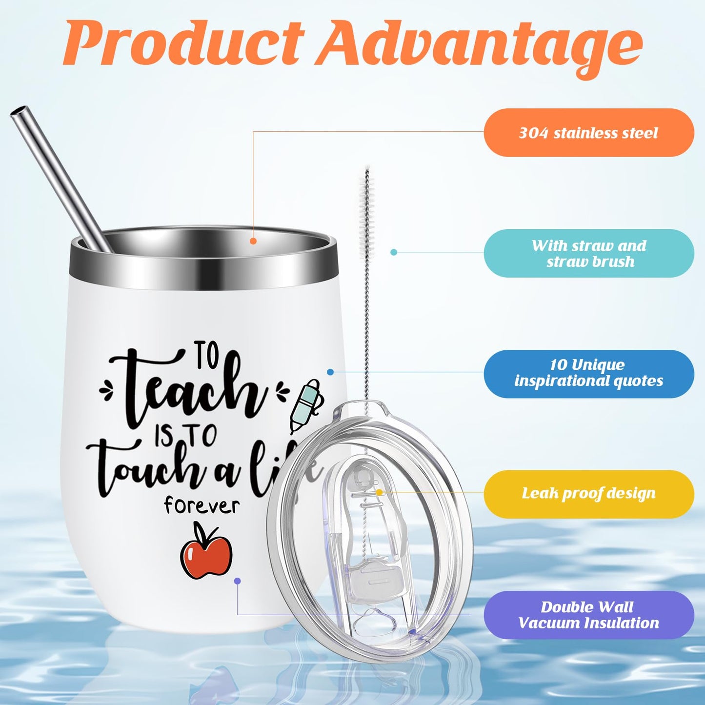 meekoo 10 Pcs Teacher Appreciation Gifts Bulk, End of Year Teachers Gift 12oz Stainless Steel Coffee Mugs with Lid Straw Brushes Thank You Tumblers Cup for Women Men from Students Graduation (Classic)
