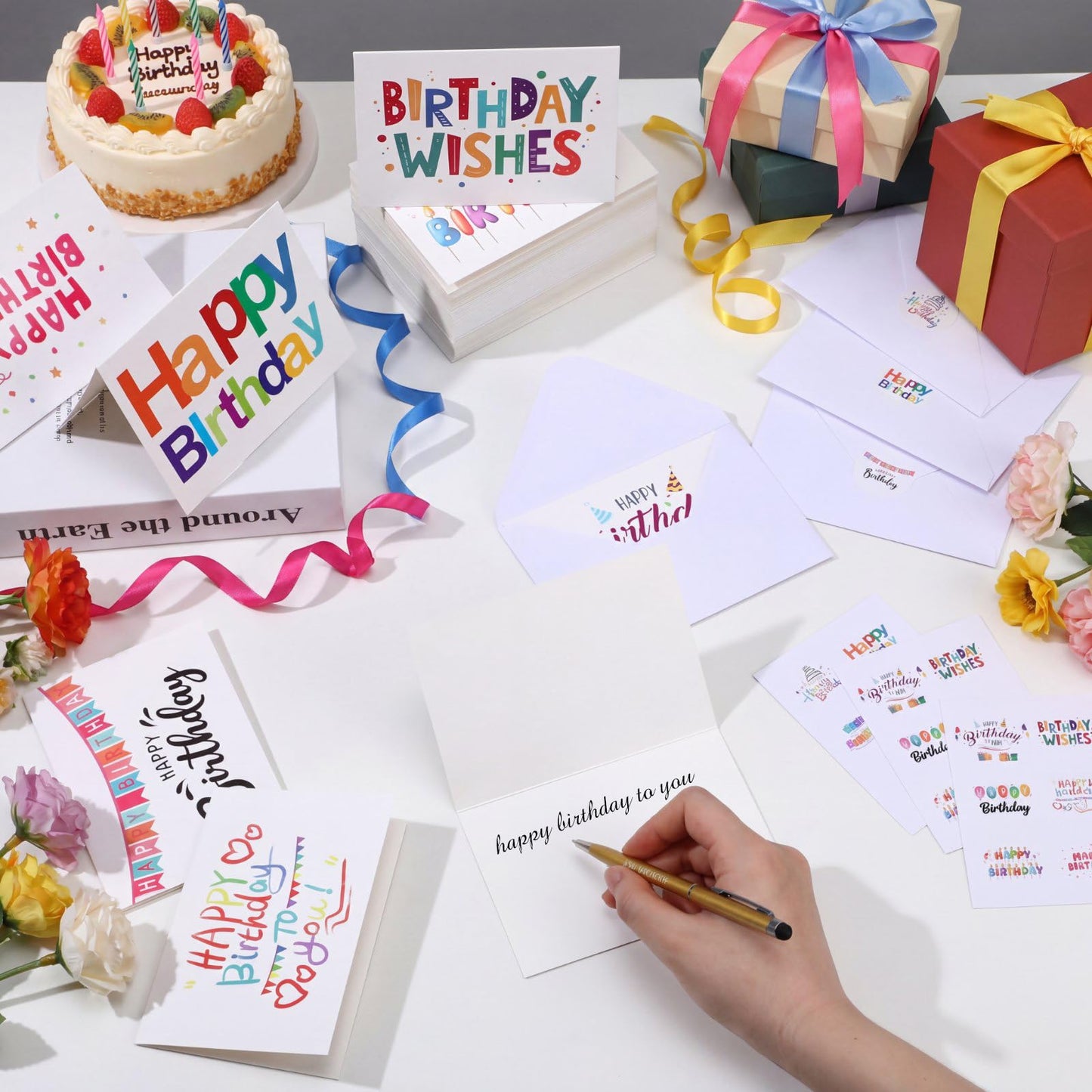 Gueevin 200 Pcs Happy Birthday Cards Bulk with Envelopes and Stickers 3.5 x 5 Inch Birthday Greeting Blank Cards, 10 Designs for Work, Friends, Family, Party Supplies (Lively and Adorable)