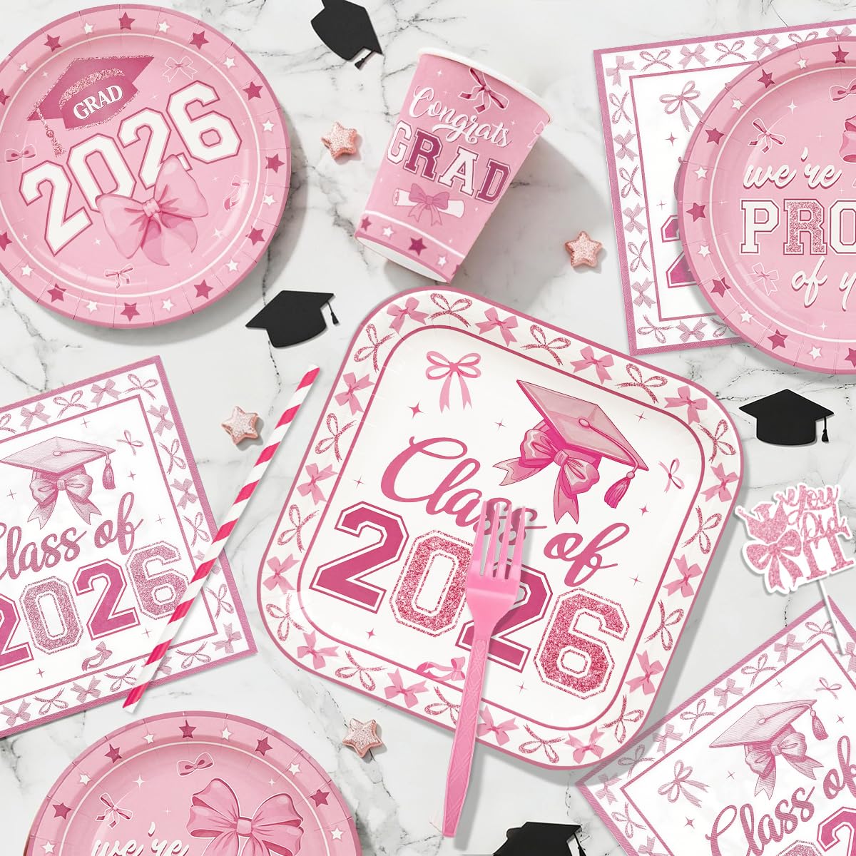 2026 Graduations Decorations Pink Bow Class of 2026 Plates and Napkins Banner Grad 2026 Tablecloth Congrats Grad Cake Topper Hanging Swirls Balloons Graduation Party Supplies