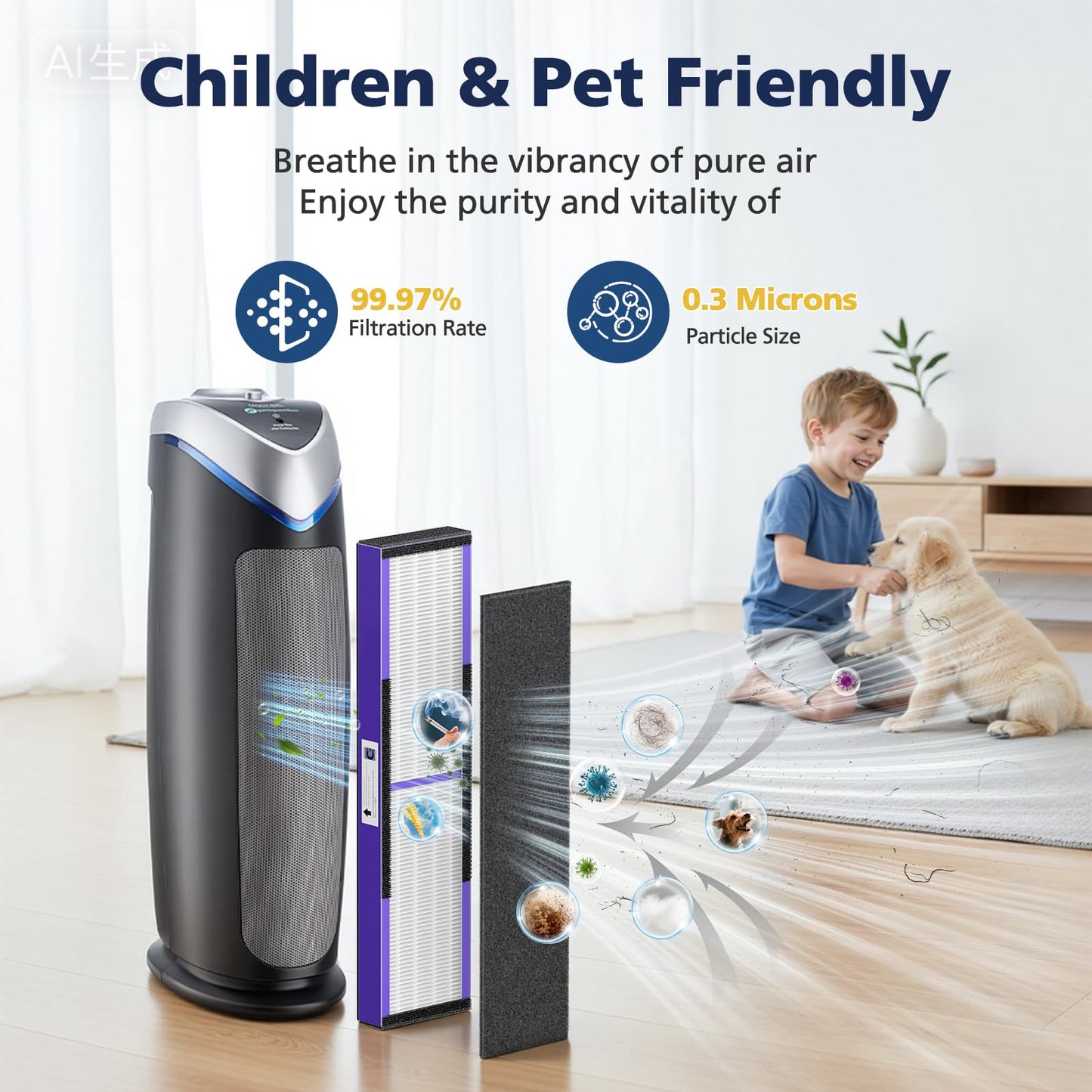 3 Pack FLT5250PT HEPA Air Purifier Replacement Filter C with Pet Care Treatment for G-Guardian AC5250PT AC5000 AC5000E AC5300B AC5350W AC5350B CDAP5500, 3 HEPA Filter with 6 Carbon Pre-Filter