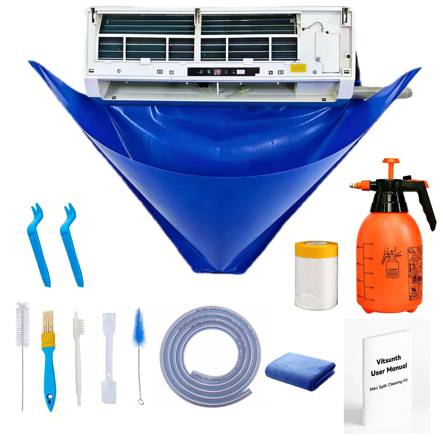 Vitsunth Complete Mini Split Cleaning Kit Bag with Sprayer for 18,000-24,000BTU / 38in-48in Ductless Split Unit Minisplit Cleaning Kit with Waterproof Wash Cover Bib and User Manual