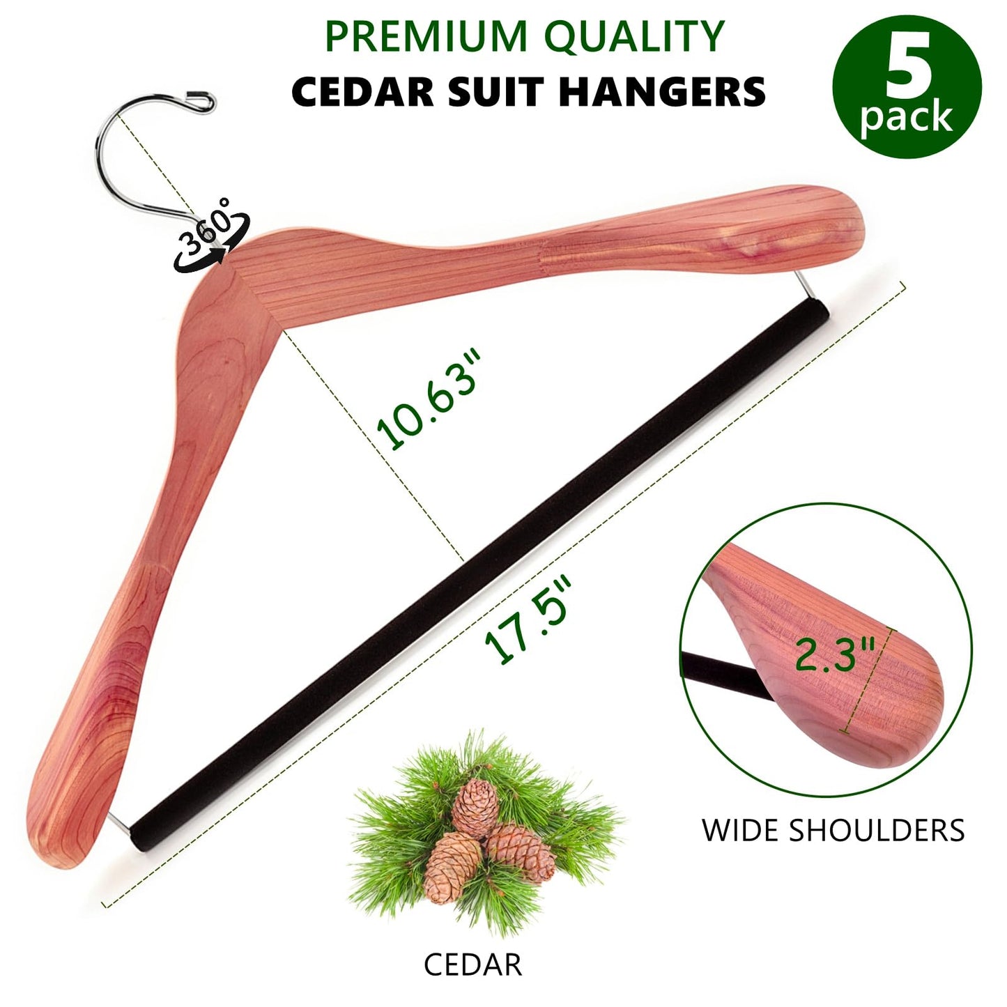 Amber Home 5 Pack Cedar Suit Hangers with Extra Wide Shoulder, Wooden Clothes Hangers for Coats & Jacket, Aromatic Natural Cedar Hangers with Non-Slip Velvet Pant Bar