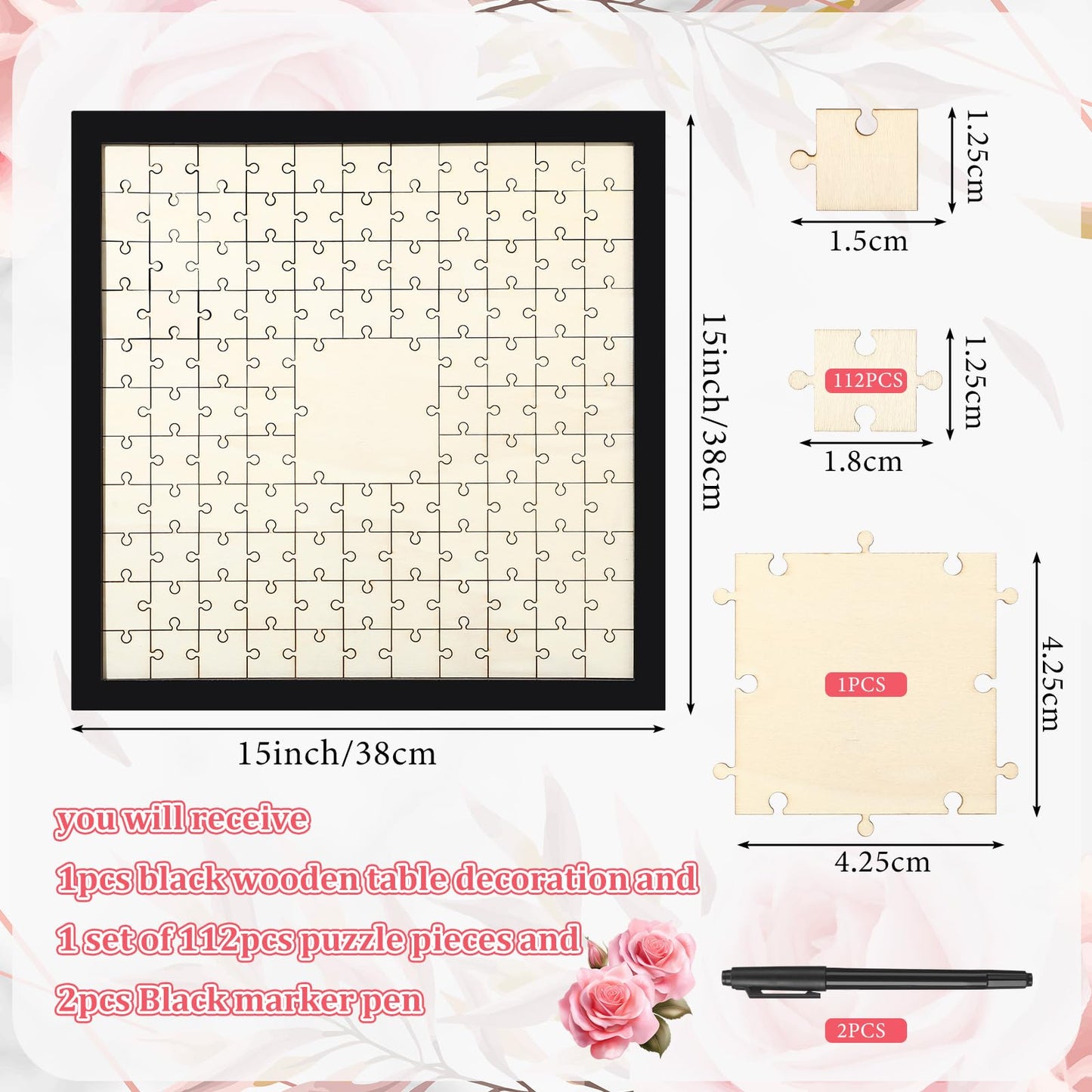 Leinuosen Wedding Guest Book Alternative Jigsaw with 112 Wooden Blank Puzzle with Frame and Pen Personalized Wedding Guest Book Make Your Own DIY Decor for Party Engagement Bridal (112 Pieces, Black)