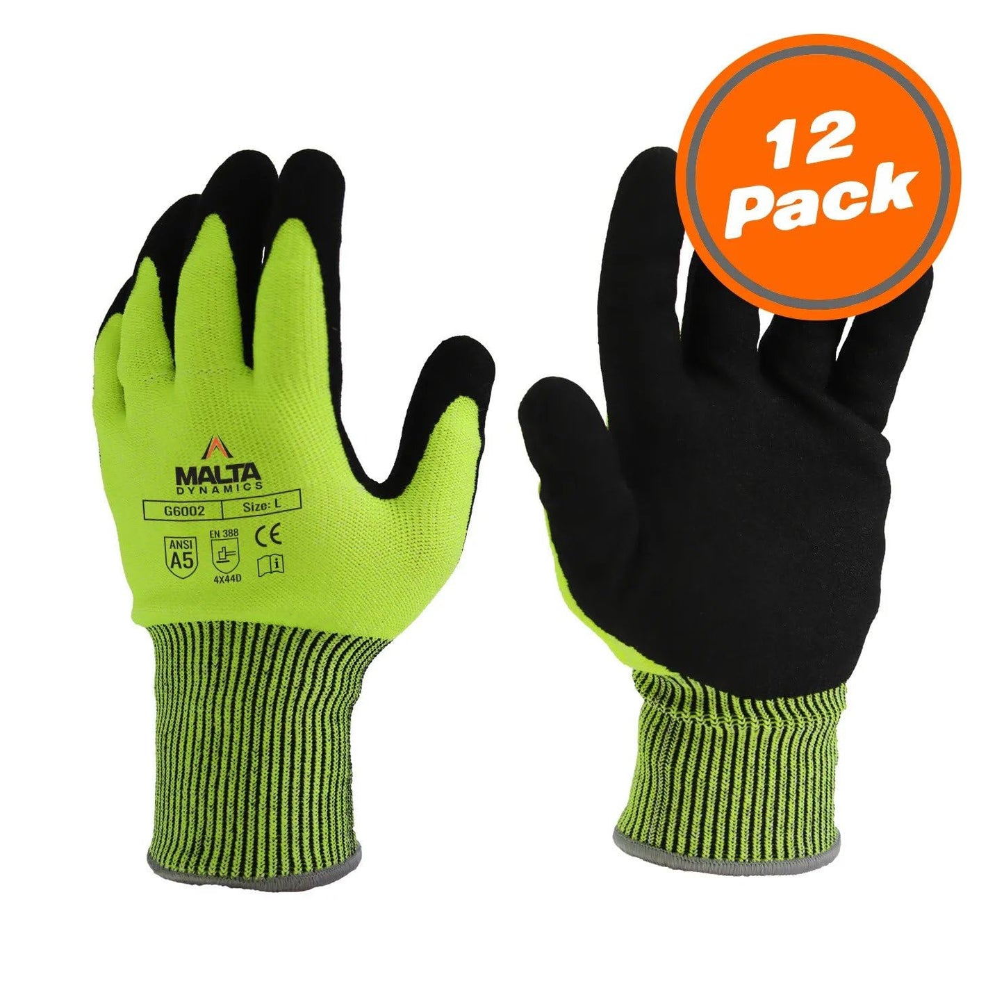 Malta Dynamics Safety Protective Work Gloves, Cut Level 5, OSHA/ANSI Compliant (Large, 12 Pair)