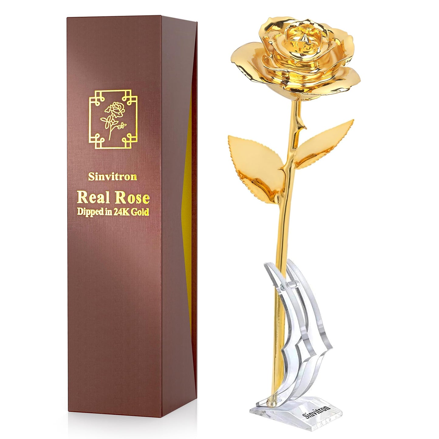 Sinvitron Gold Dipped Rose Real 24K Gold Rose, Hand Dipped One of a Kind Golden Roses, Romantic Gifts for Women on Valentines Day, Anniversary Mother’s Day (Golden)