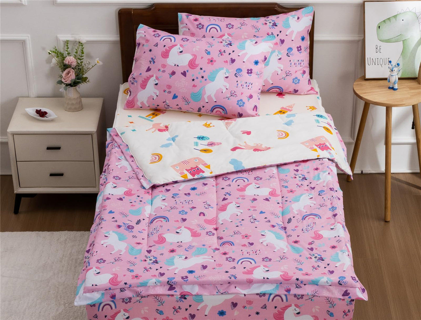 Meeting Story 3pcs Kids Comforter Sets Zipper Bedding Set for Girls,Twin Kid Bedding Set Rainbow Comforter Unicorn Bedding for Kid,All in one Zipper Bedding(Pink，Twin