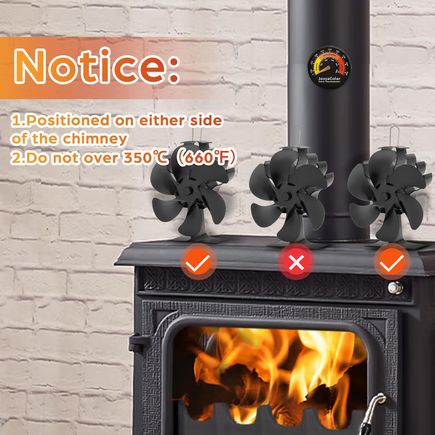 JossaColar Wood Stove Fan Heat Powered Fireplace Fan Non Electric, Thermal Fan for Wood Burning Stove/Log Burner, w/Stove Accessories Thermometer