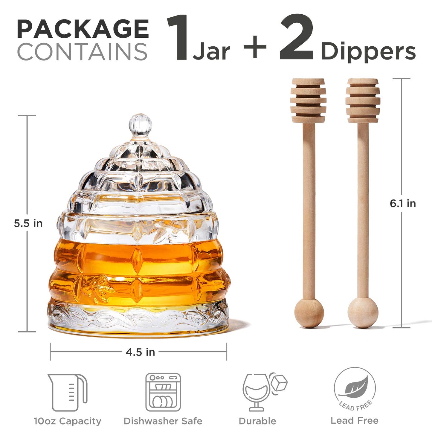 PAULSWAY 9 oz Beehive Crystal Honey Pot with 2 Dipper Sticks - Elegant Glass Honey Jar with Lid, No Drip Honey Dispenser & Syrup Container for Home Kitchen Decor