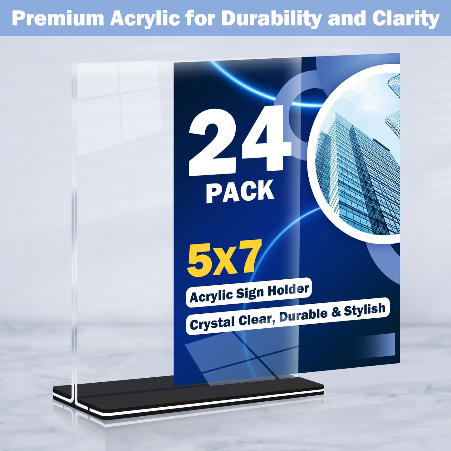 Succwoah Acrylic Sign Holder 5 x 7, 24 Pack Clear Double-Sided Acrylic Display Stand for Vertical Tabletop Use, Perfect for Menus, Flyers, and Paper in Restaurants, Hotels, Office