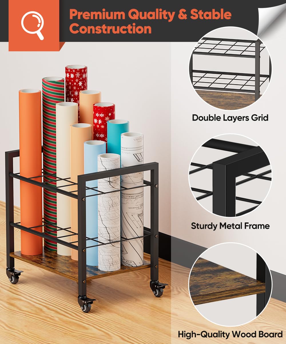 Tigerden Blueprint Storage Rack Cart, 15 Slots Metal Rolling File Holder with Wheels & Adjustable Pads, Mobile Gift Wrapping Paper Organizer for Maps/Posters/Architectural Construction Plans, Black