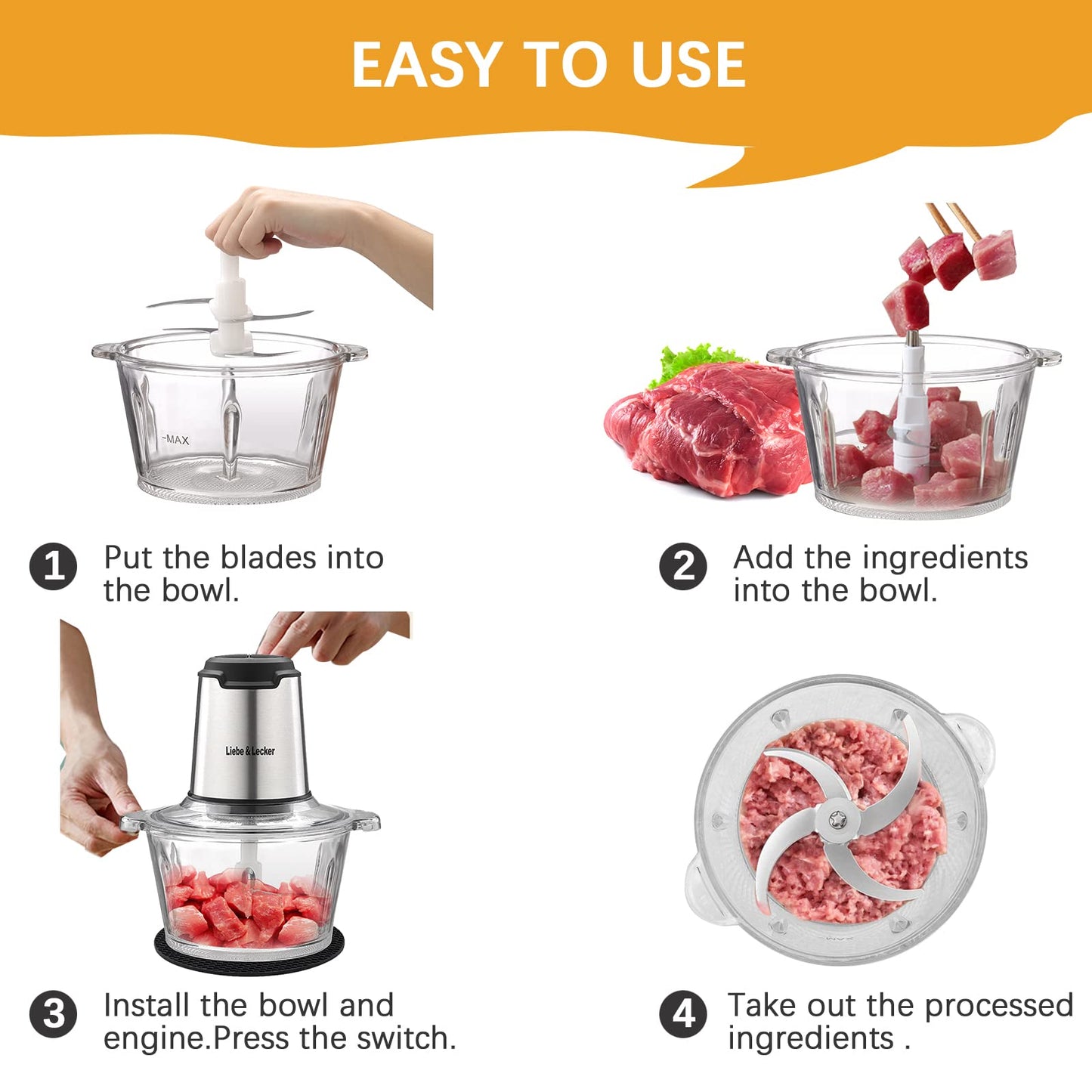 Liebe&Lecker Food Processor, Meat Grinder with 2 Bowls 8 Cup and 8 Cup, Food Chopper Electric Vegetable Chopper with 4 Large Sharp Blades for Fruits, Meat, Vegetables, Baby Food, Nuts, 2 Speed.
