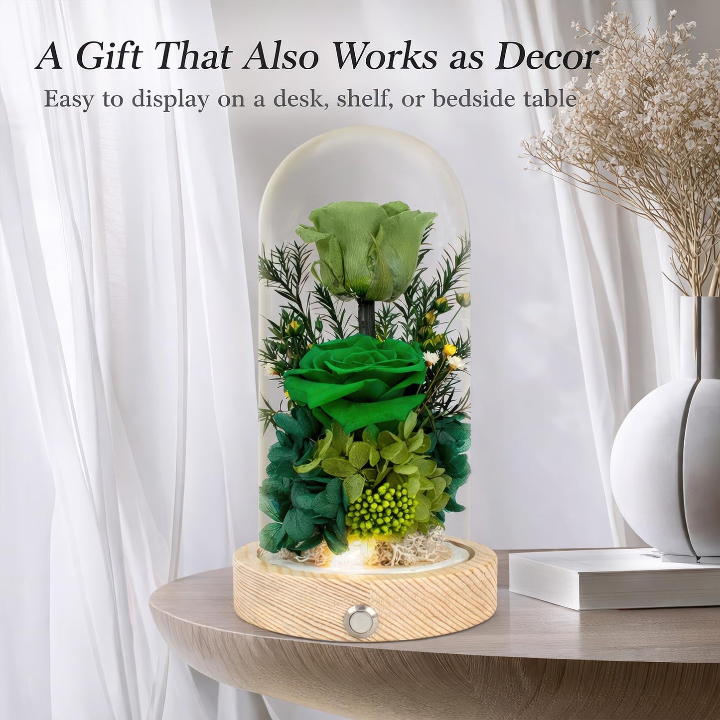 Regalo Flor Preserved Flowers Gifts for Women, Green Preserved Roses in Glass Dome, Real Roses Flower Arrangement, Forever Flowers for Mom, Birthday Gifts for Women, Flowers for Delivery Prime