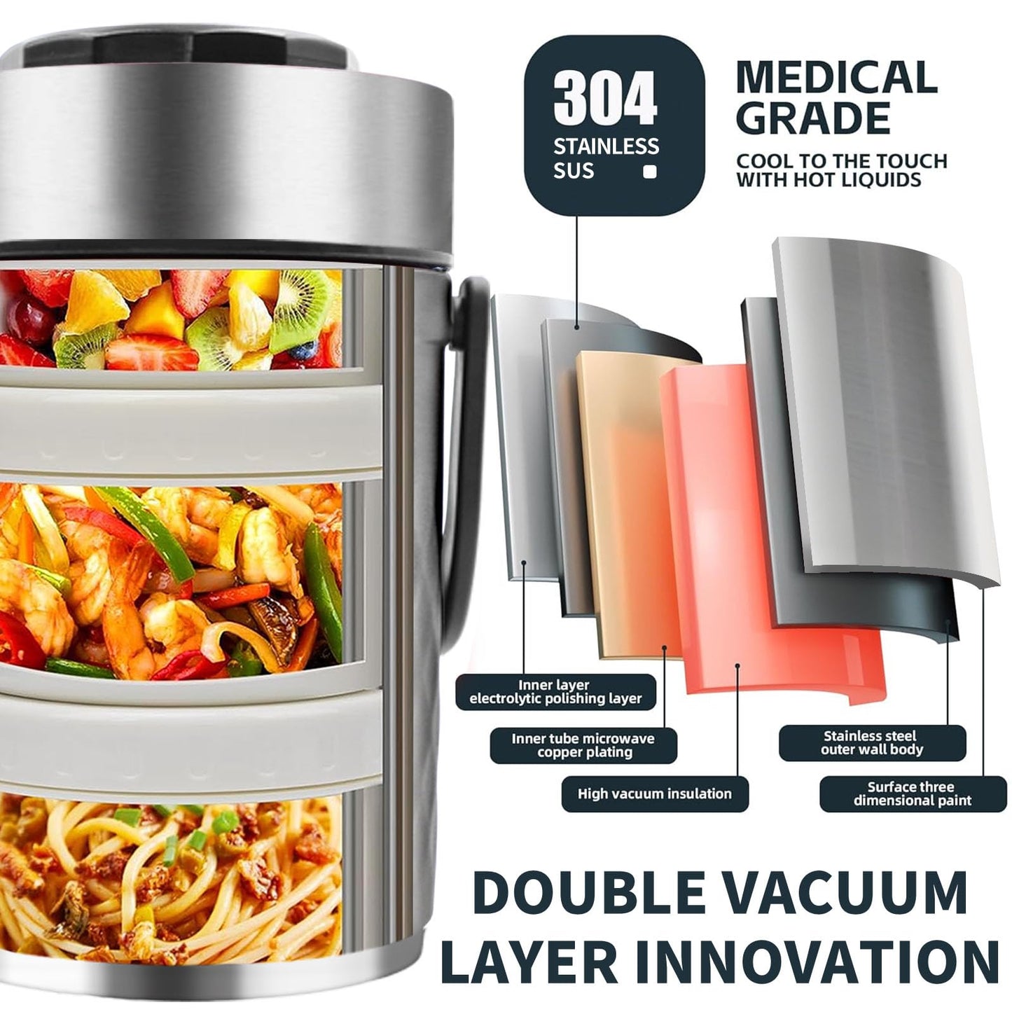 Gicklov 67oz Upgraded Thermos for Hot Food, 3-Layer Stackable Food Thermos, Soup Thermos Jar with Insulated Bag, Ideal for Office, Outdoor Meals, and Various Occasions (67 oz Silver)
