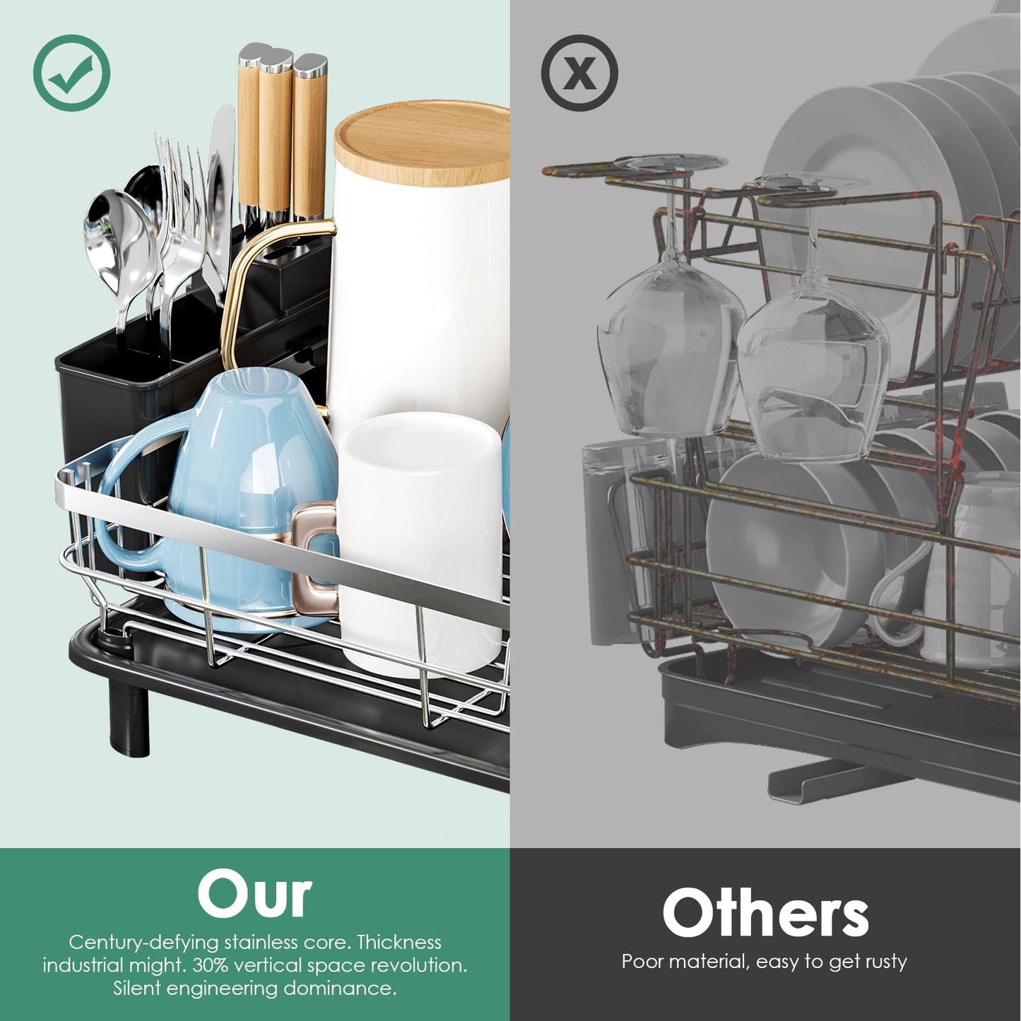MOUKABAL Dish Drying Rack, Dish Rack, Stainless Steel Dish Racks for Kitchen Counter, Dish Drainer with Removable Utensil Holder, Drainboard (Black,Stainless Steel,13''W x 17''L)