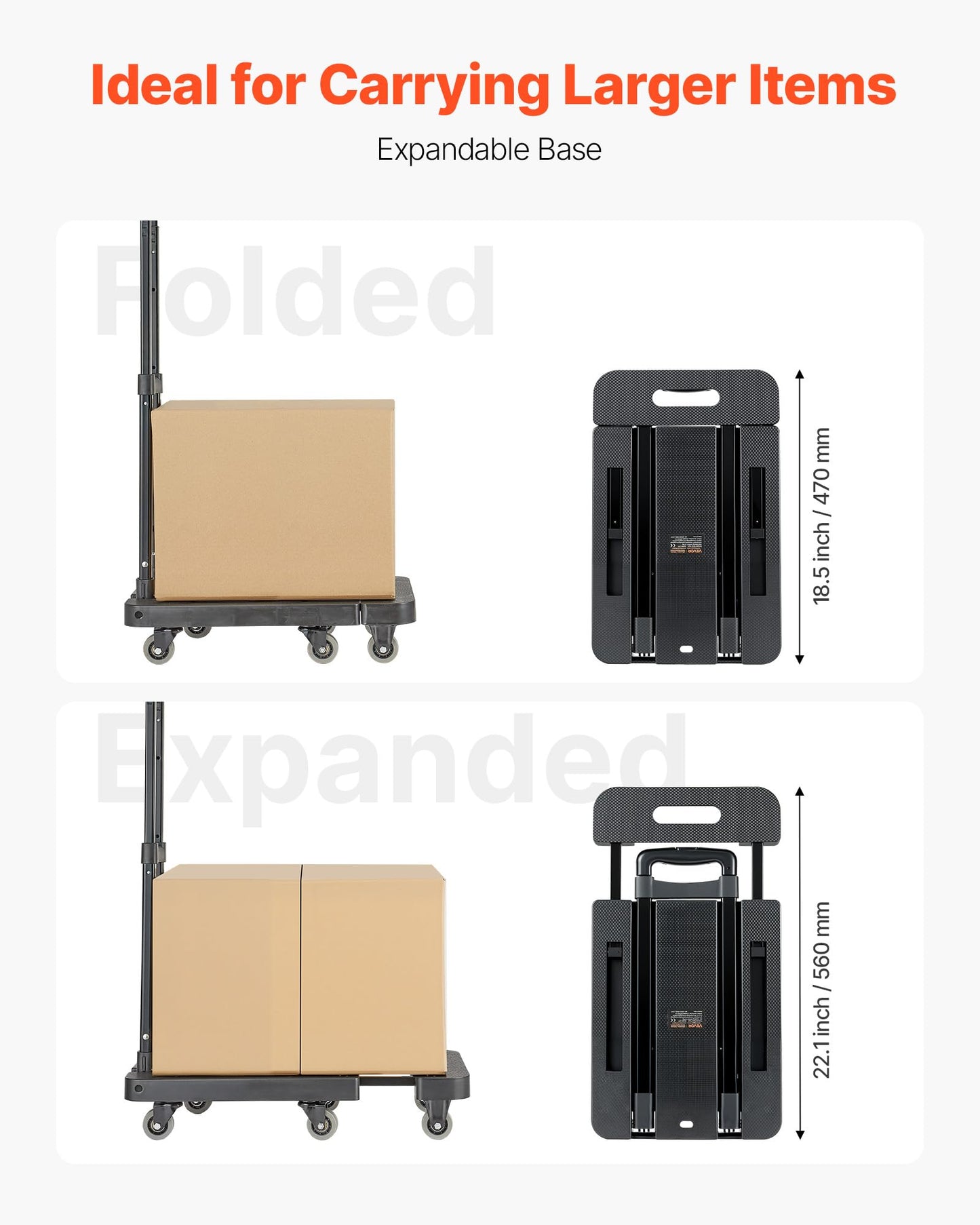 VEVOR Folding Hand Truck, 500 lbs Load Capacity, Collapsible Luggage Cart with 6 Wheels, 2 Elastic Ropes & Expandable Base, Utility Dolly Platform Cart for Airport Travel Luggage Office Moving, Black
