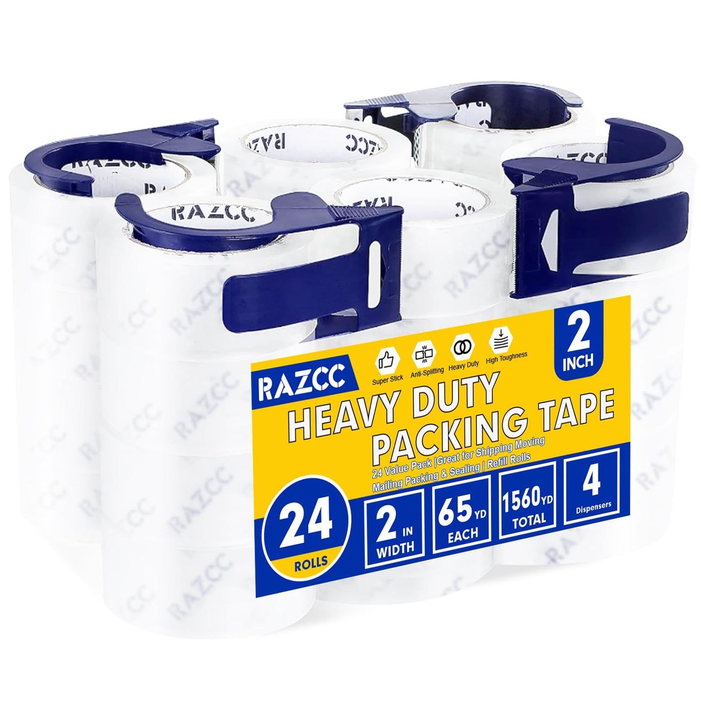 RAZCC Clear Packing Tape, 24 Rolls Heavy Duty Packaging Tape with Dispensers for Packing Shipping Moving and Sealing, Thicker Packing Tape-2" x 65 Yards Per Roll, 1560 Total Yards