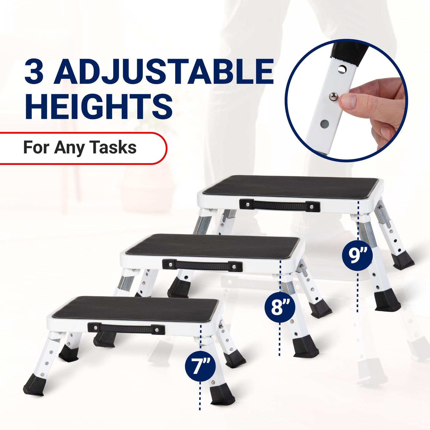Arrigo Folding Step Stool with 3 Adjustable Heights – 330lb Capacity, Wide Anti-Slip Treads – Compact, Portable & Collapsible – Foldable Bed Stairs, Kitchen Ladder & Foot Stool for Adults