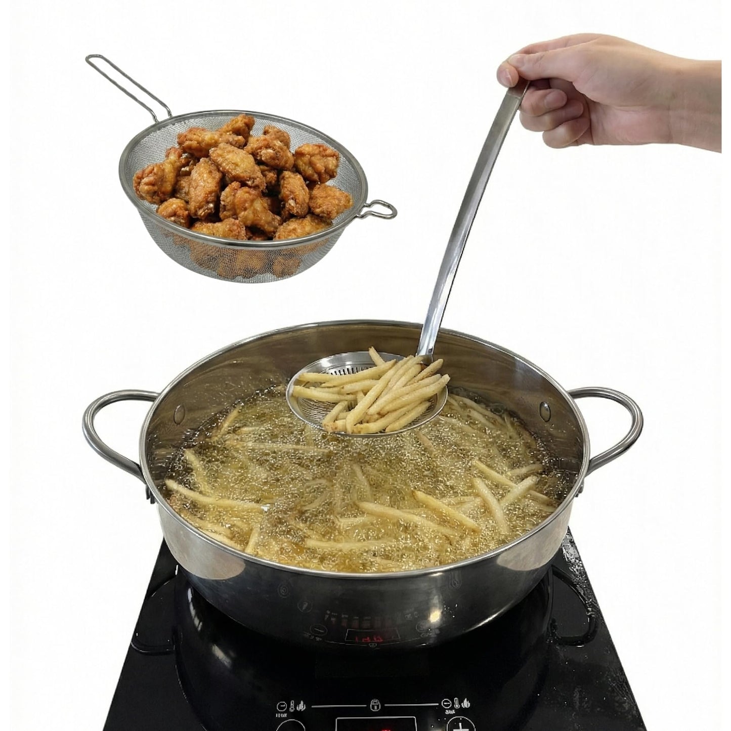 Saltlas 4.4Qt/4.2L Deep Fryer Pot with Basket and Strainer Spoon, 304 Stainless Steel Fish Frying Pot for Seafood, Chicken, French Fries, Japanese Tempura