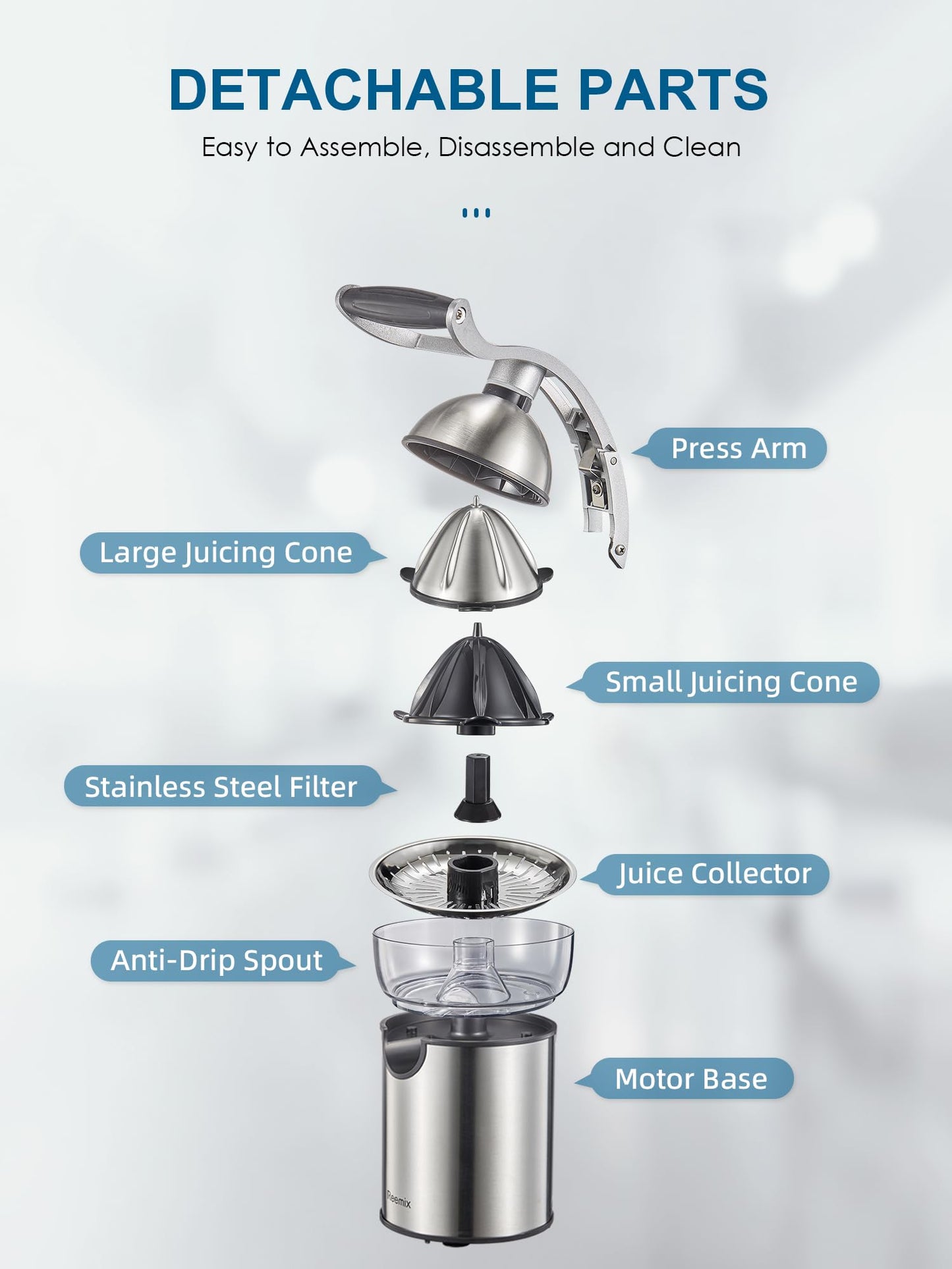 Electric Citrus Juicer Squeezer, Reemix Powerful Orange Juicer with Zine Alloy Die Casting Shell, Luxury Citrus Squeezer with Two Interchangeable Cones for Oranges of any Size (Zine Alloy Die Casting)