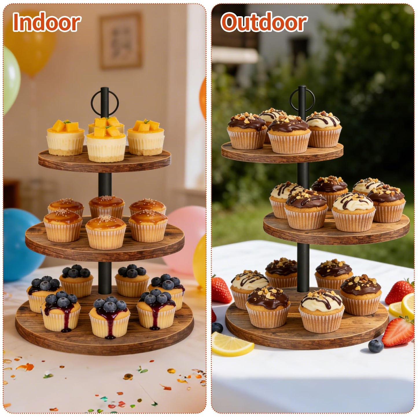 OugeWood Cupcake Stand, 3 Tier Cake Stands Rustic Dessert Table Display Set Wood Cupcake Tower Cake Stand Tiered Tray Stand for Wedding Birthday Baby Shower 2 Pack