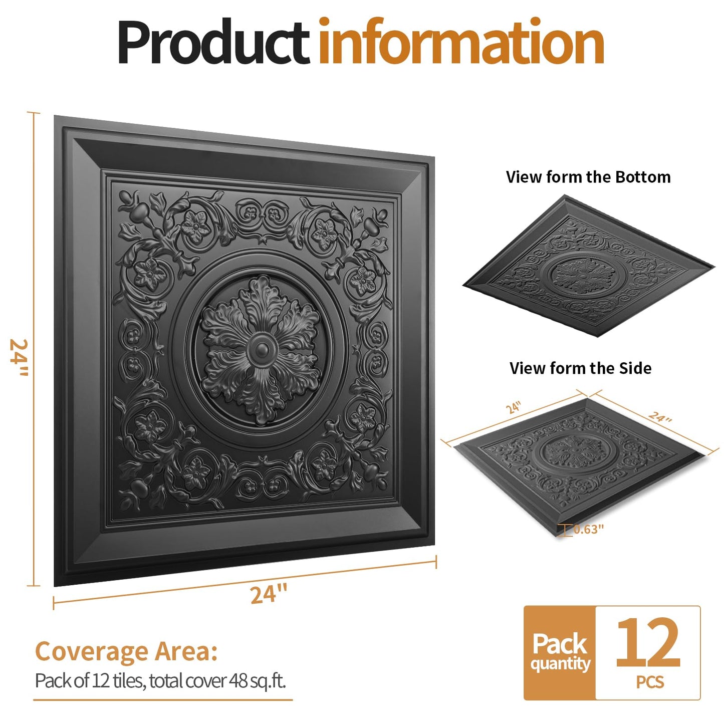 WOWSTAR 12-Pack 24"x24" Drop Ceiling Tiles, Waterproof Glue Up Vintage Style 3D Ceiling Tiles, Black