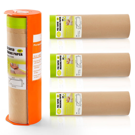 Tangibay Pre-Taped Masking Paper with Dispenser - 18" x 66' Painters Paper and Tape for Painting House, Auto Body, Cars (1 Dispenser 4 Refills)