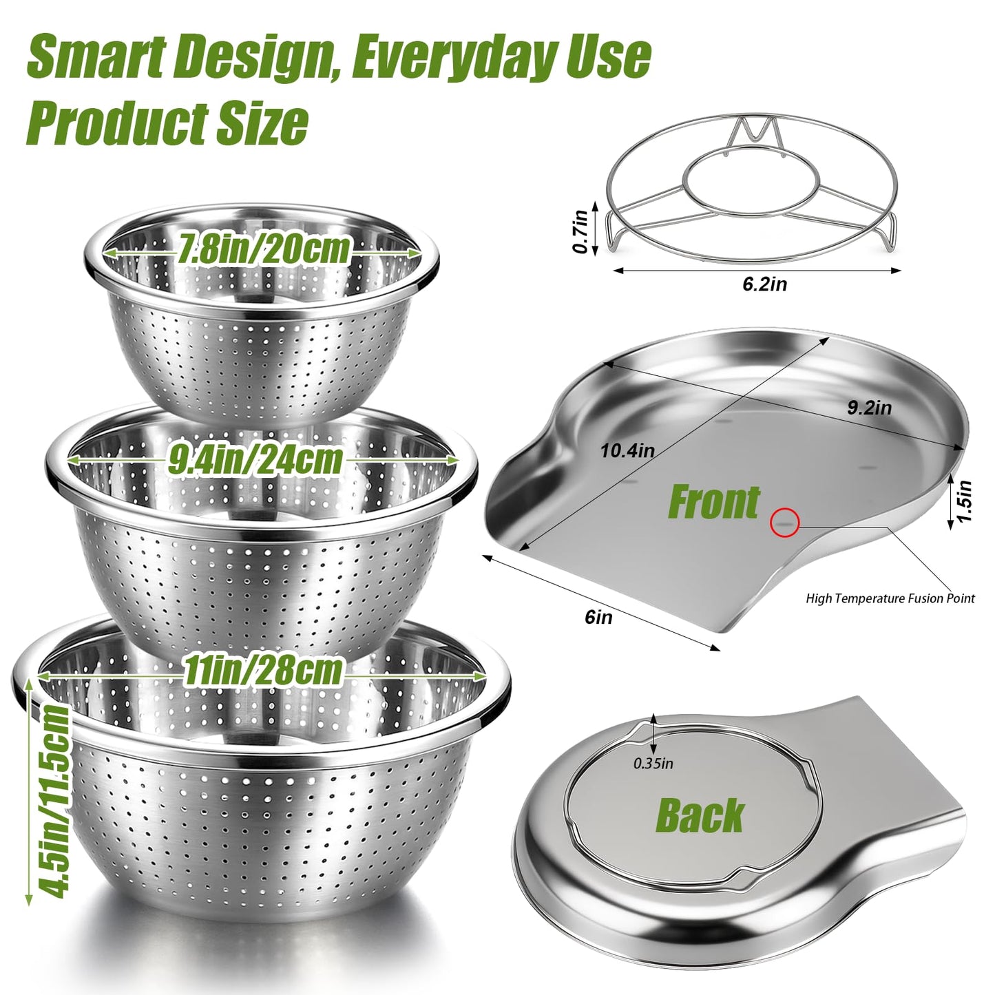 Palksky Stainless Steel Colander Set with Self-Draining Base, 3 Sizes Colanders & Food Strainers for Pasta, Rice, Fruits & Veggies, Metal Colander with Draining Plate for Sink or Countertop