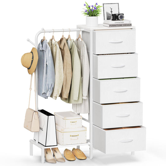 Snughome Dresser with Hanging Rack, Clothes Hanging Rack with 5 Drawers, White Dresser with Clothes Rack, Fabric Storage Chest of Drawers, Small Dresser for Bedroom, Apartments, Entryway Living Room