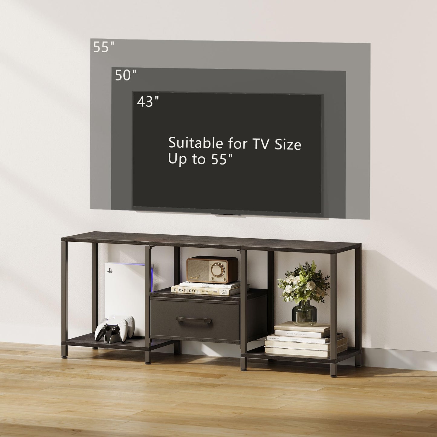 JARHETUN TV Stand with Fabric Drawer for 55 Inch TV, Entertainment Center with Open Shelves, Media TV Console Table for Living Room, Bedroom, Black